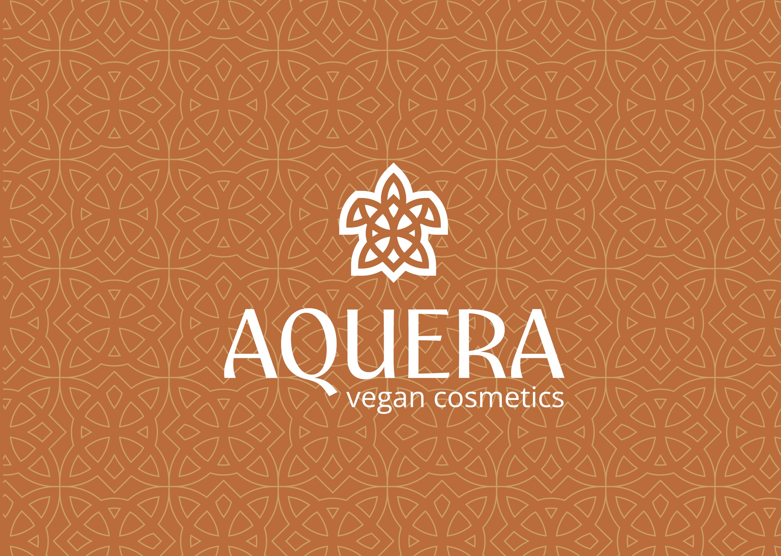 Terracotta geometric floral pattern with a white flower logo and the text “AQUERA vegan cosmetics.”