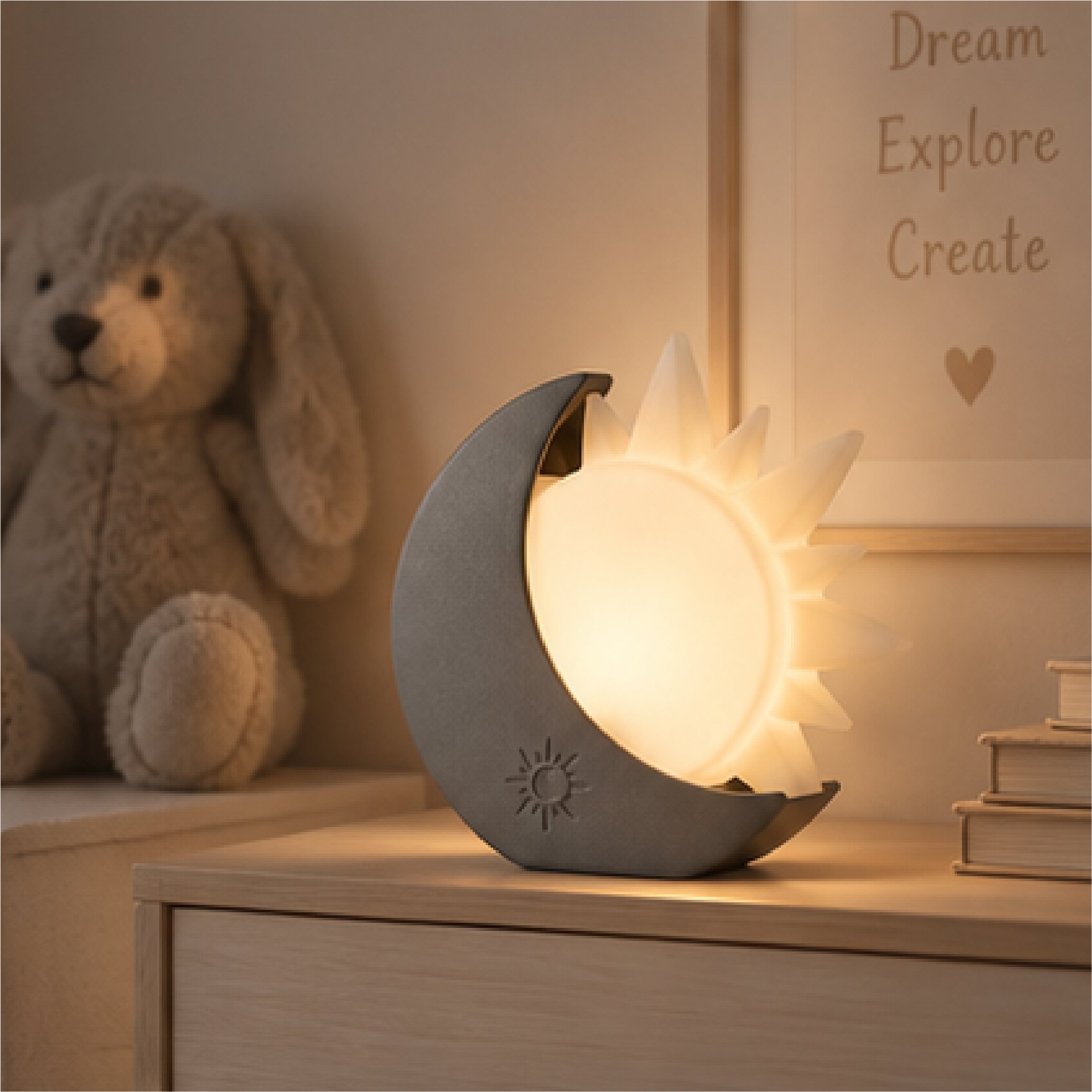 Glowing crescent-moon night-light on a wooden cabinet beside a teddy bear, books, and a “Dream Explore Create” print.
