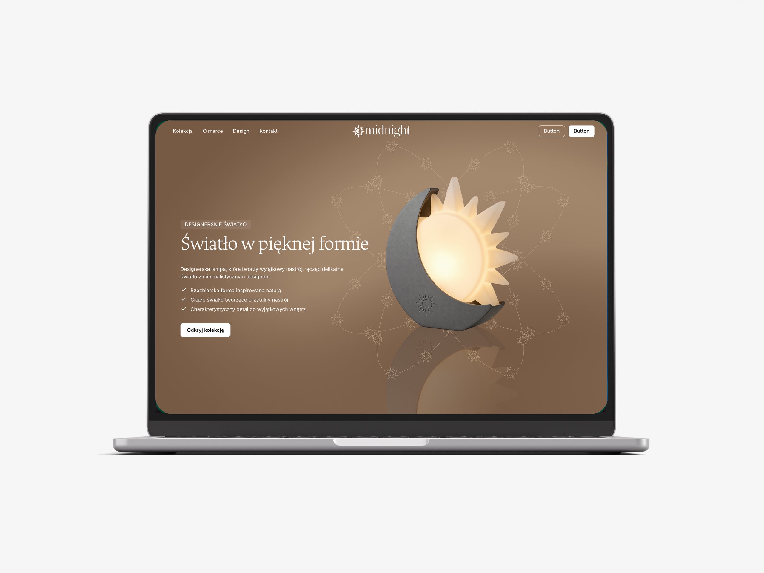Laptop displaying a Polish lighting website with a glowing flower-shaped lamp and brown floral-themed design.