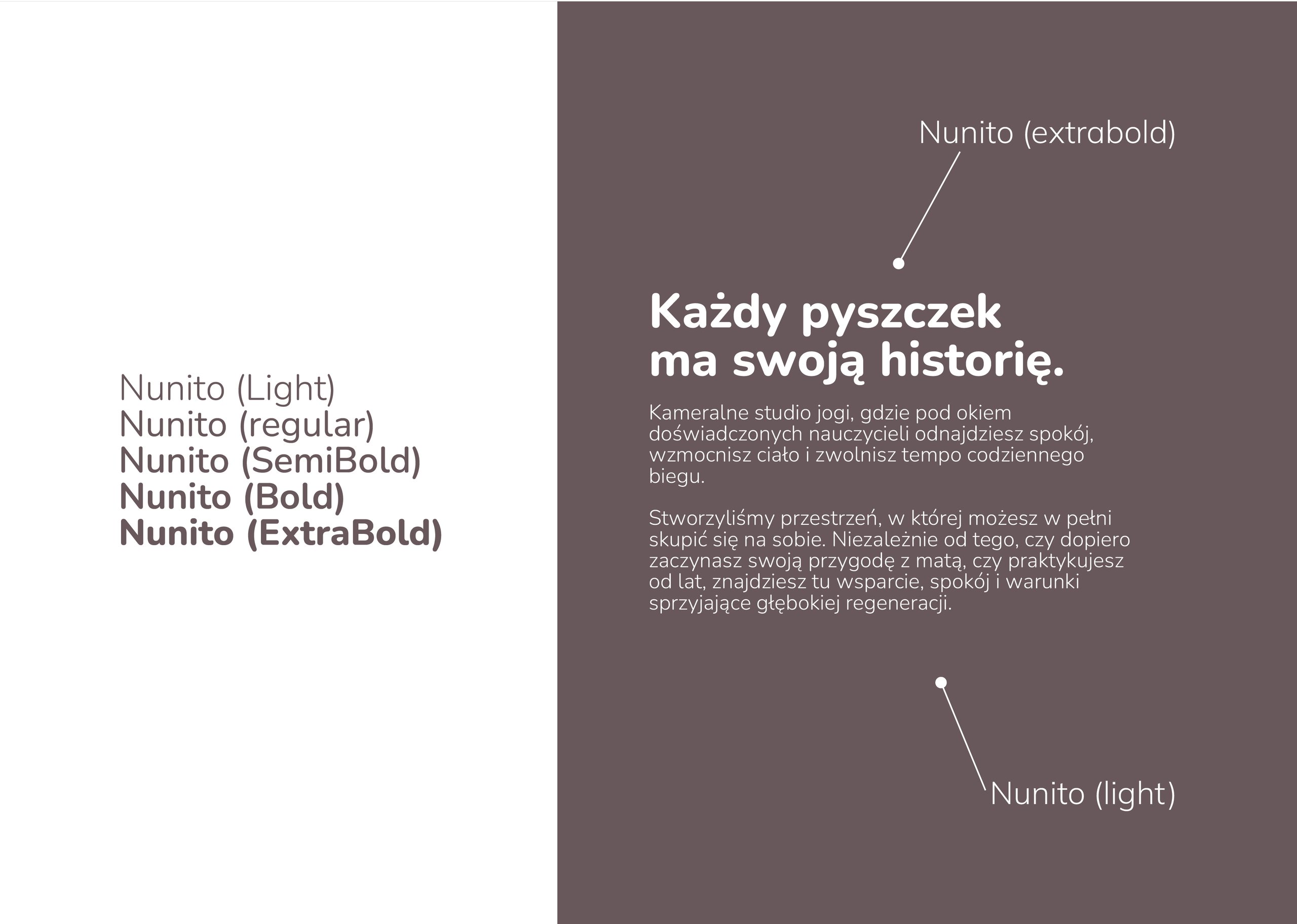 Split typography specimen showing Nunito weights and Polish yoga-studio text on white and dark backgrounds.
