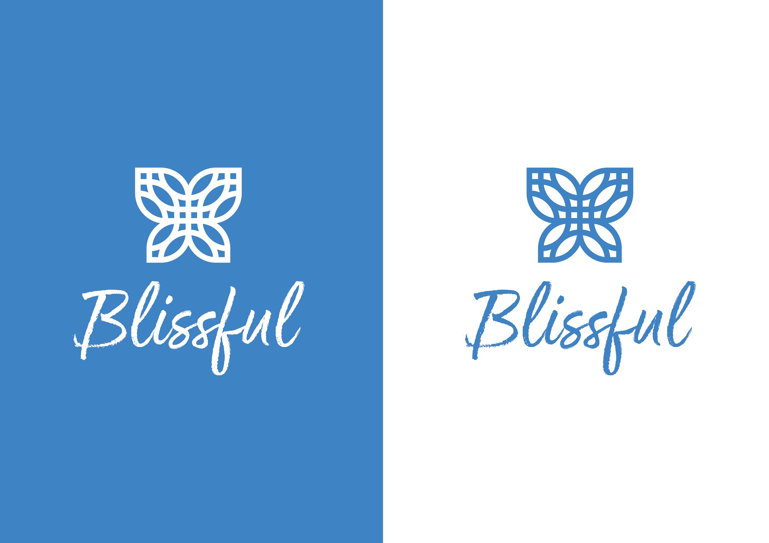 Split blue-and-white graphic featuring matching floral emblems and the word “Blissful.”