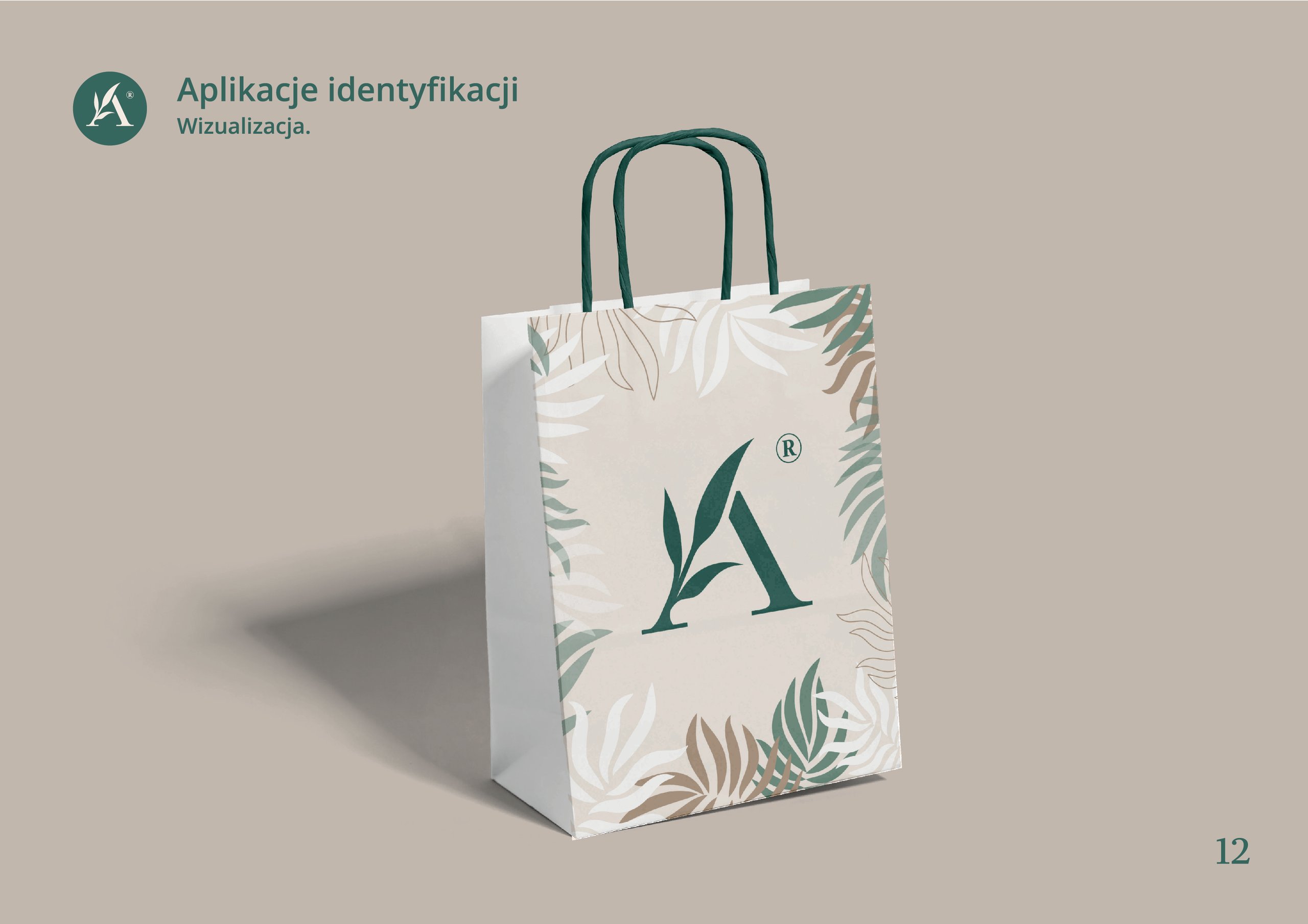 Presentation slide showing a botanical-patterned shopping bag with green handles, logo, and Polish heading.