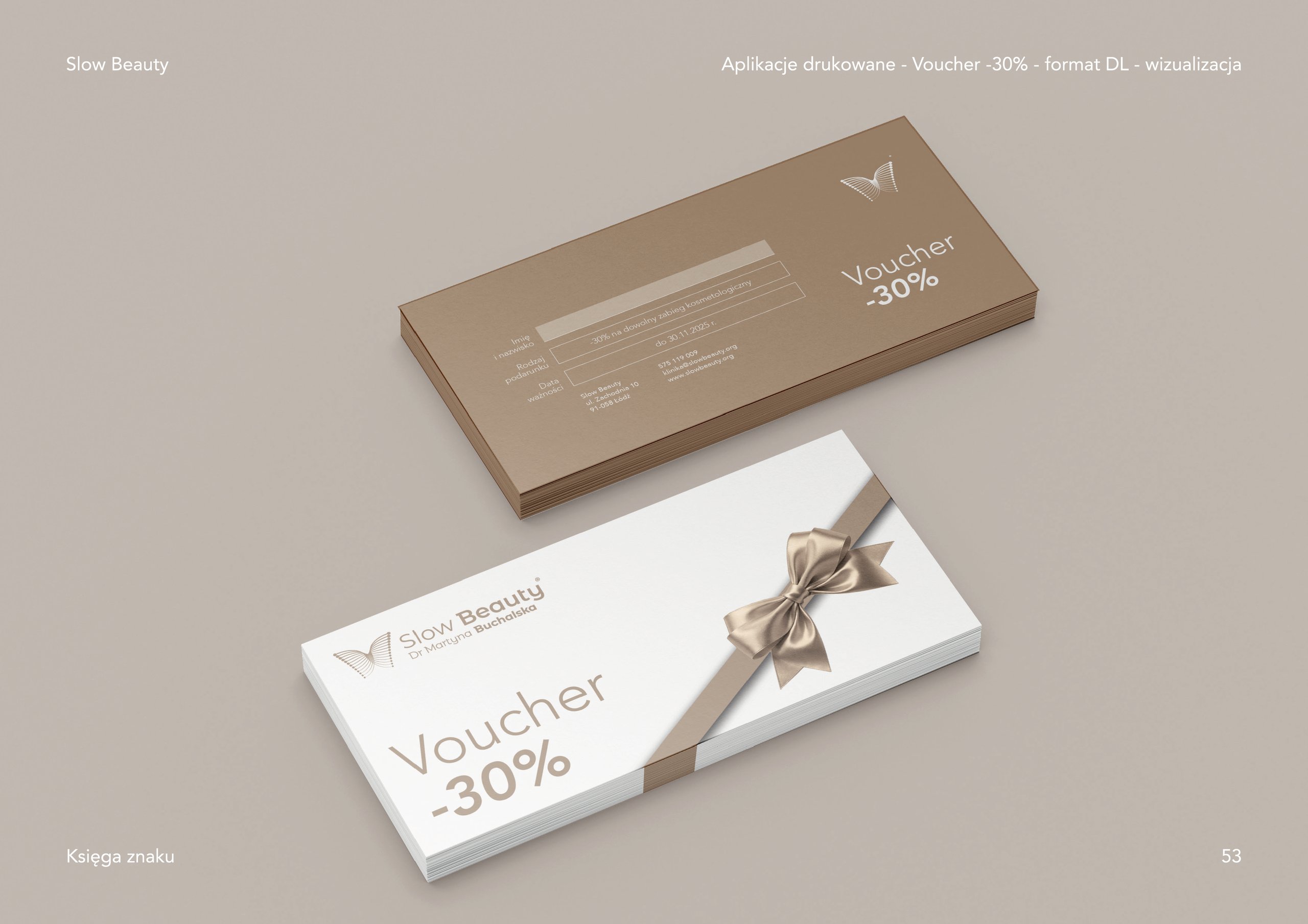Slide showing brown and white Slow Beauty “Voucher -30%” designs, including a ribbon bow and butterfly logos.
