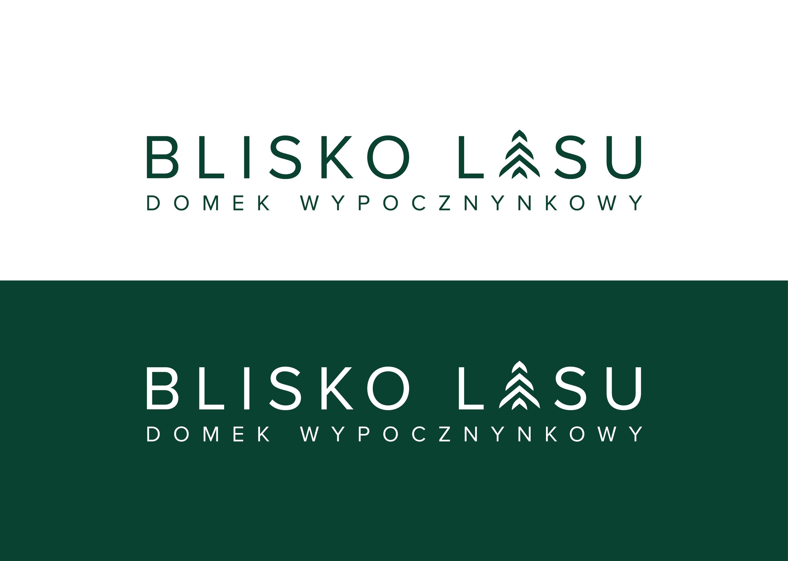 Two stacked “BLISKO LASU” logos, dark green on white above and white on dark green below.
