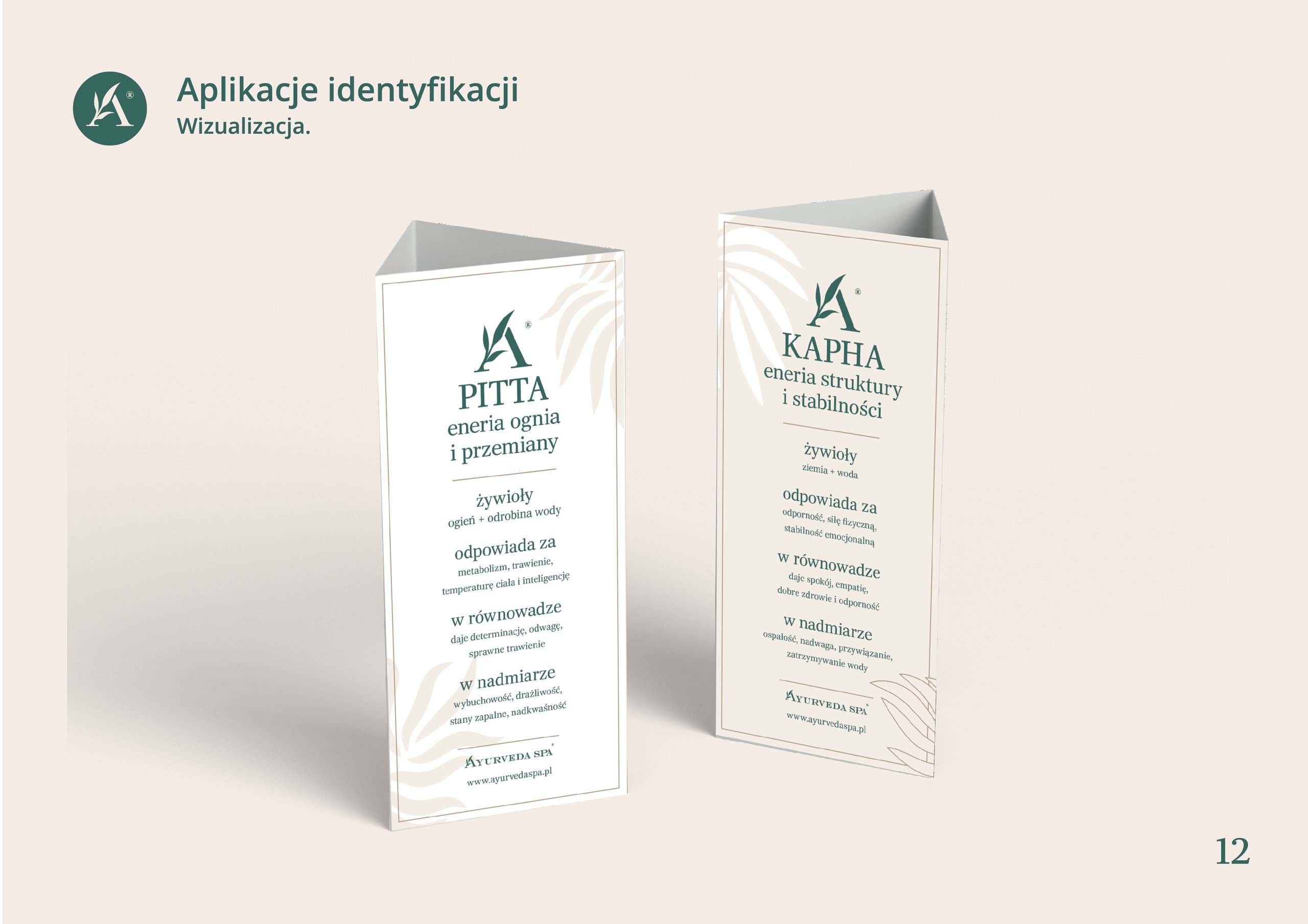 Beige presentation slide with Polish text and two green-and-cream Ayurveda panels labeled PITTA and KAPHA.