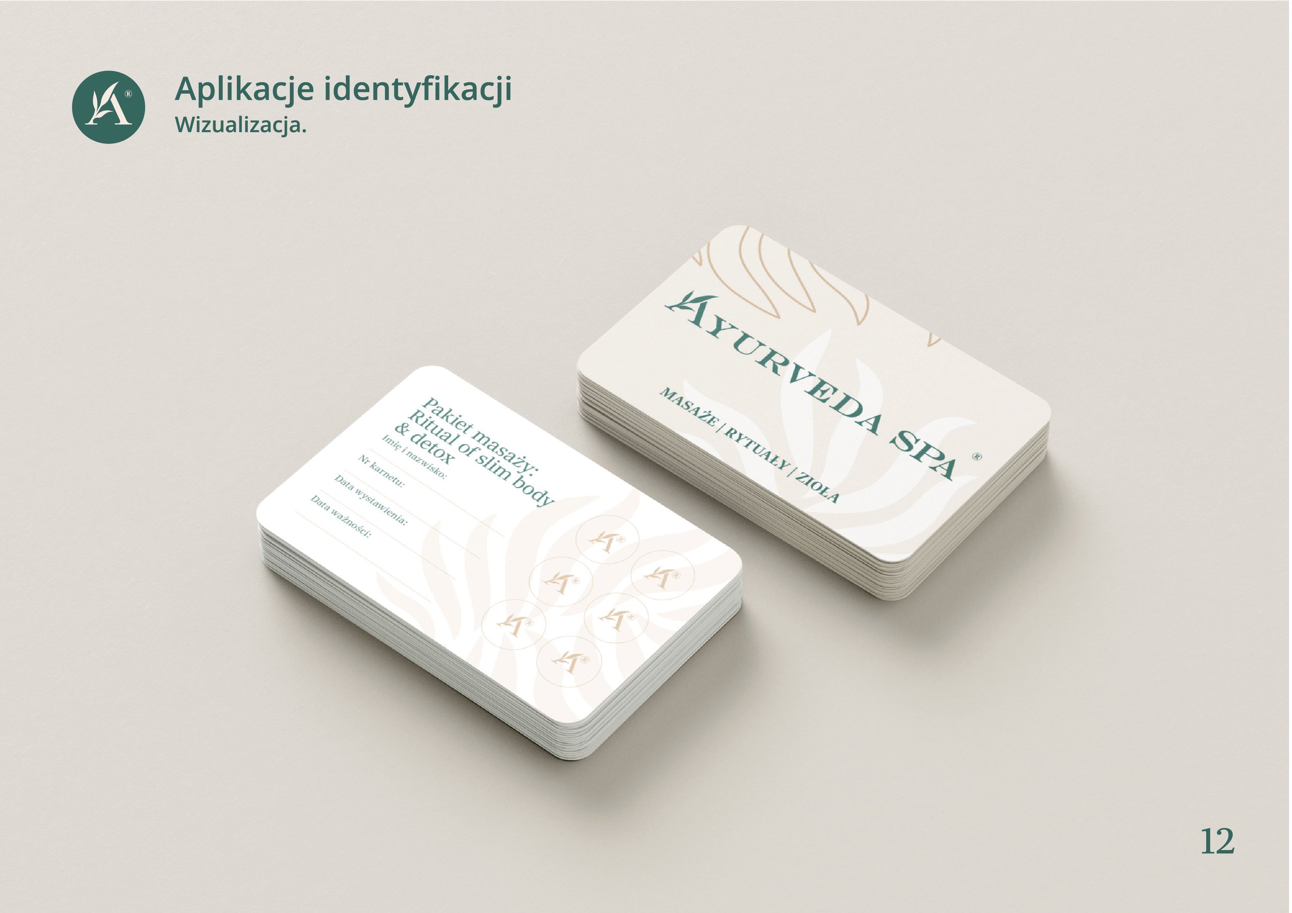Presentation slide showing green branding text and stacked spa-themed cards labeled with massage and ritual services.