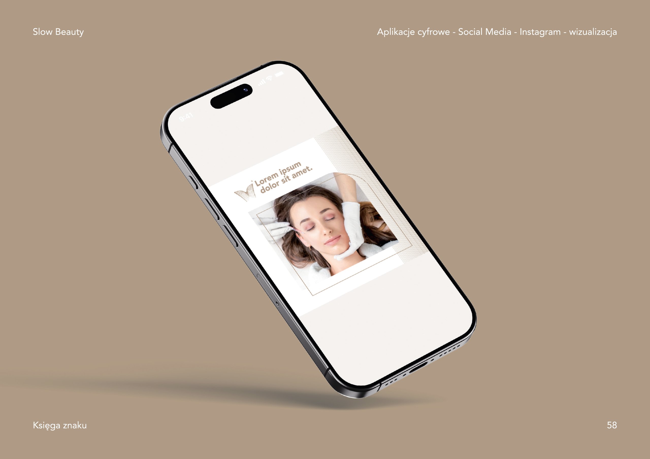 Beige presentation slide with a tilted smartphone showing a beauty treatment post and minimalist Polish text.