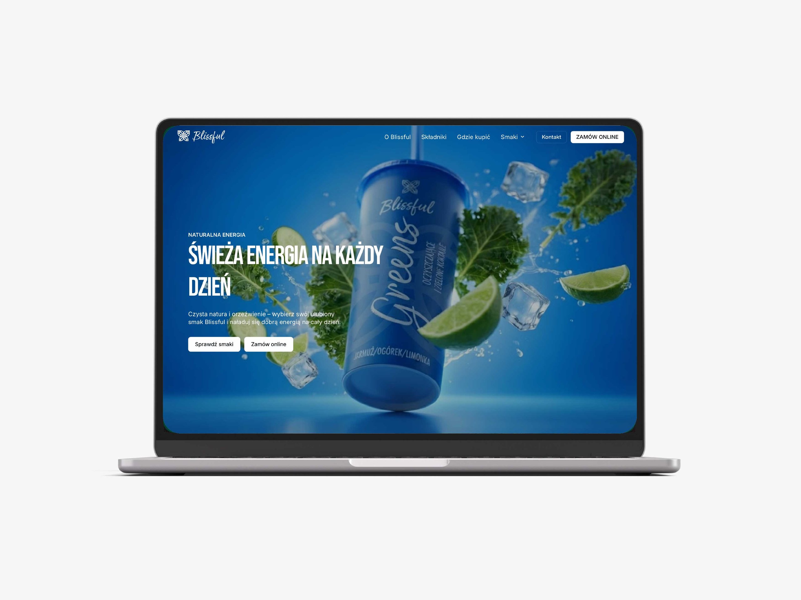 Laptop displaying a Polish Blissful beverage website with a blue bottle, lime, ice, herbs, and navigation text.