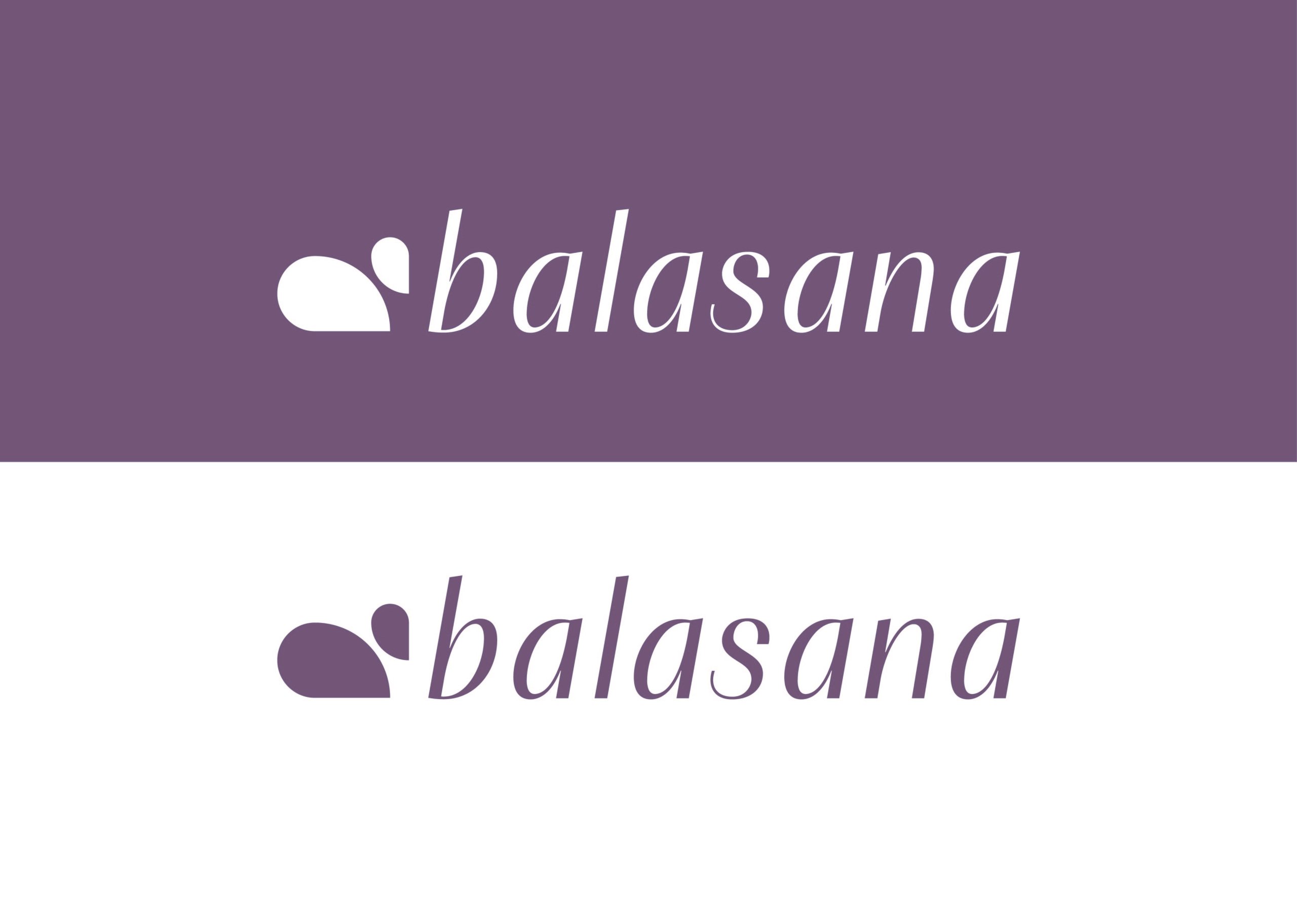 Two large “balasana” logos, white on purple above and purple on white below.