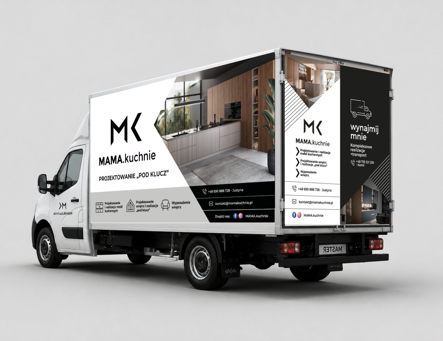 White kitchen-design advertising truck with open rear doors and photographs of modern kitchens.