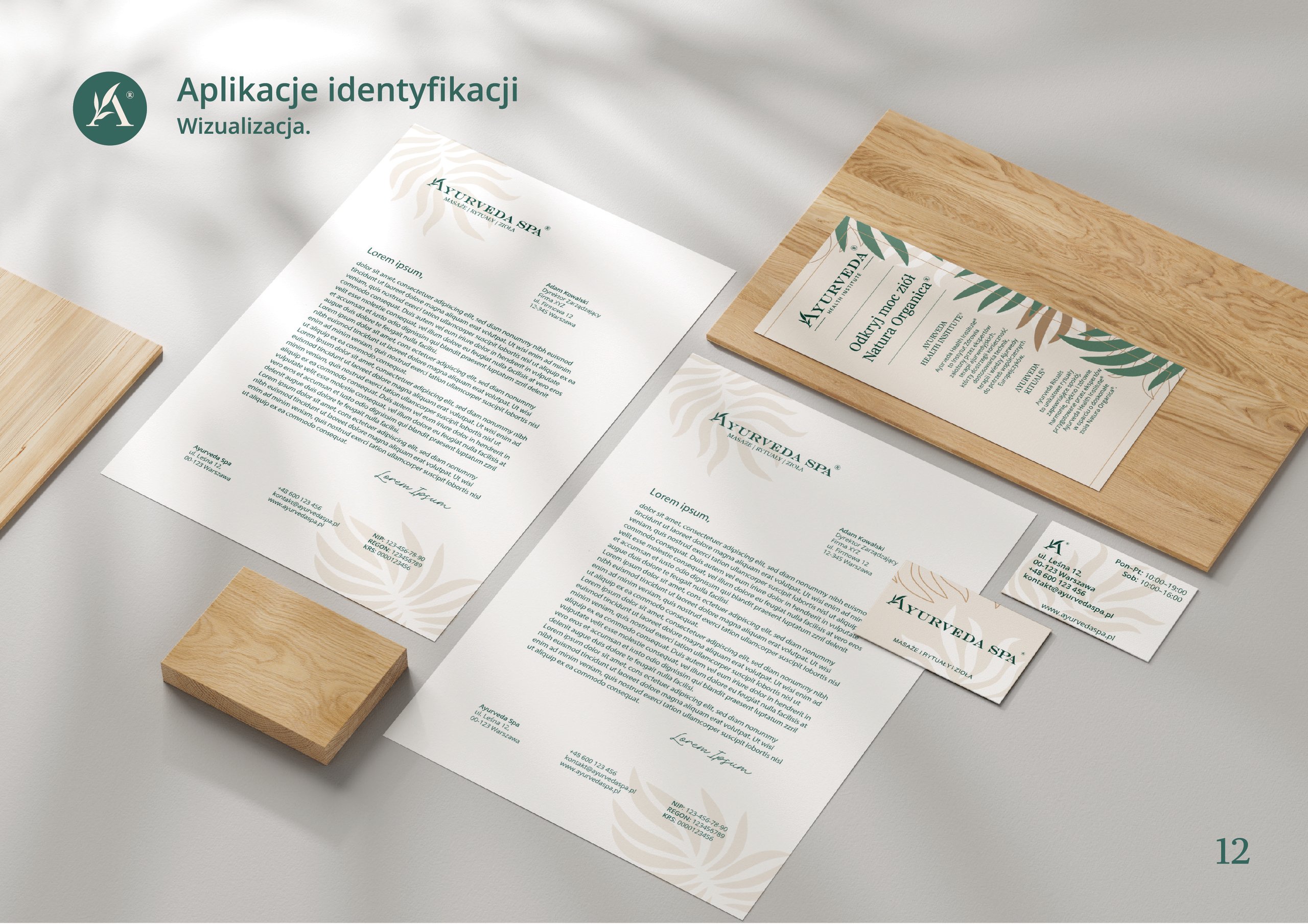 Branding mockup for Ayurveda Spa stationery, brochures, business cards, and wooden blocks on a pale background.