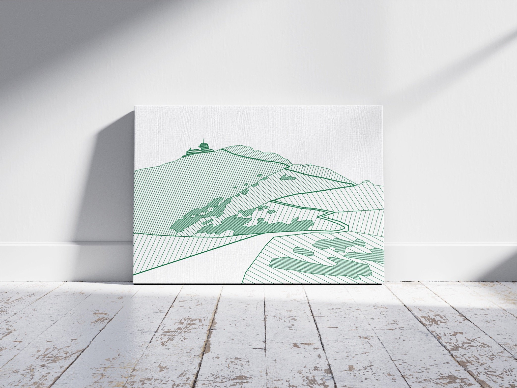White canvas displaying a green hatched landscape of hills, fields, winding paths, and a small hilltop structure.