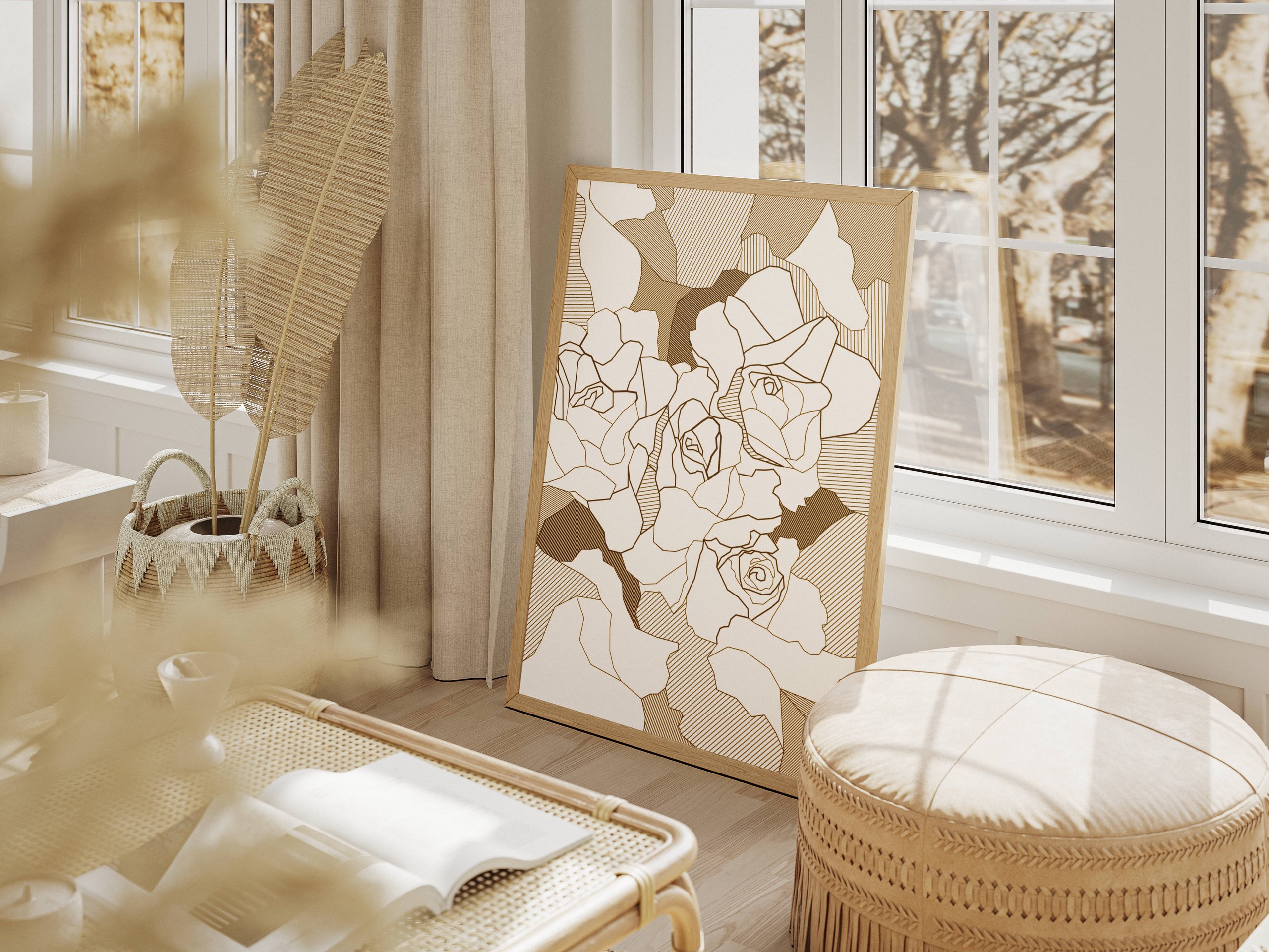 Warm neutral nursery with woven bassinets, curtained windows, a plant, and framed abstract floral artwork.