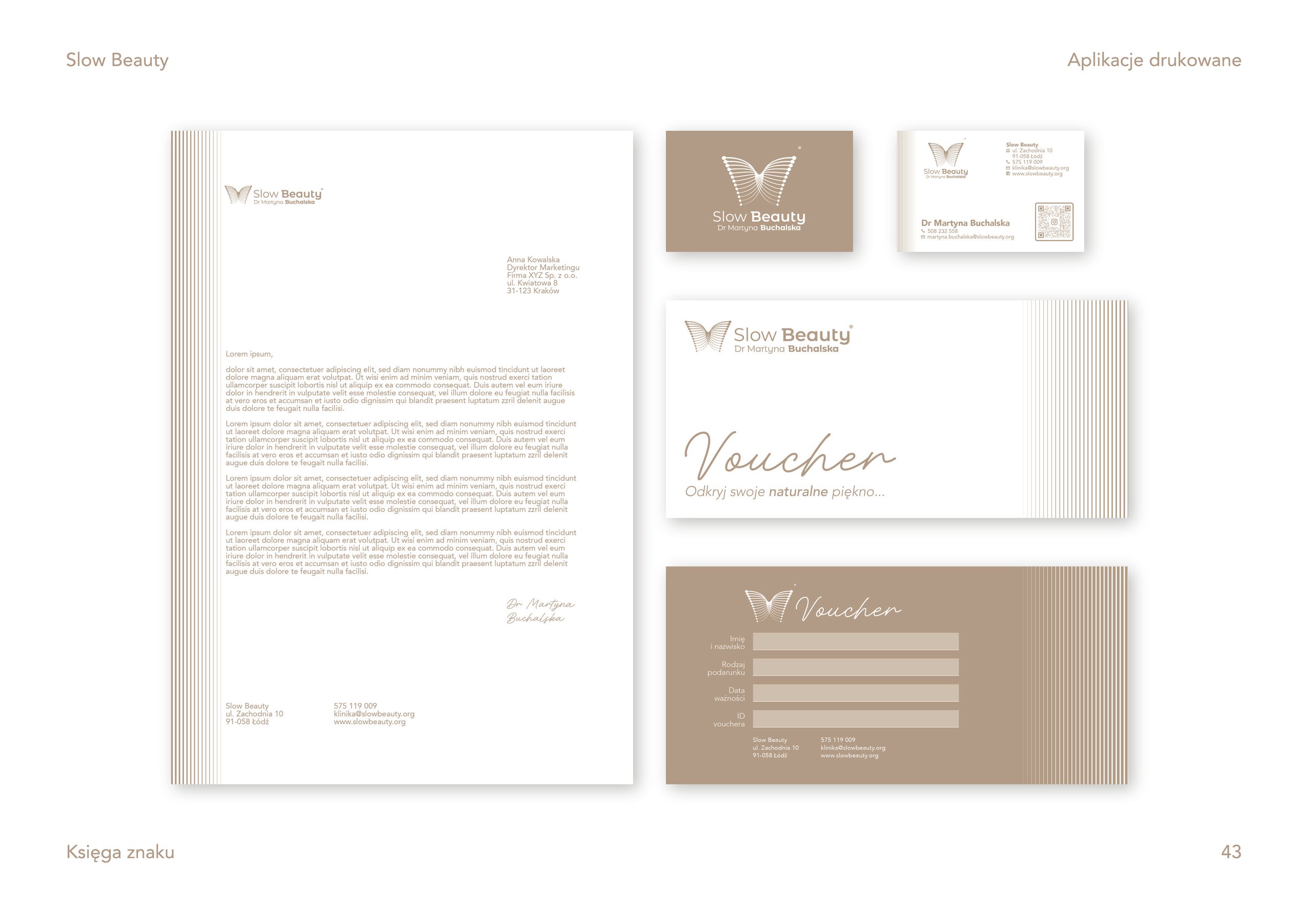 Slow Beauty brand guidelines page showing letterhead, business cards, and taupe-and-white vouchers.