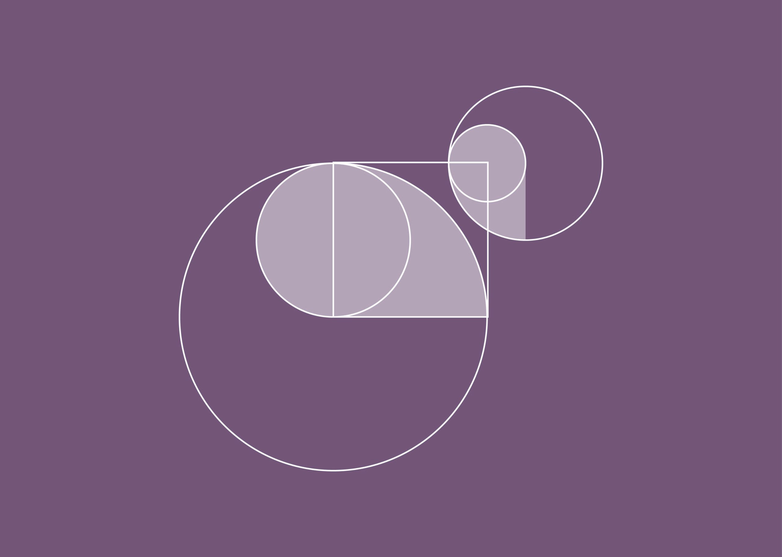 Overlapping white-outlined circles and a lavender-filled rectangle on a purple background.