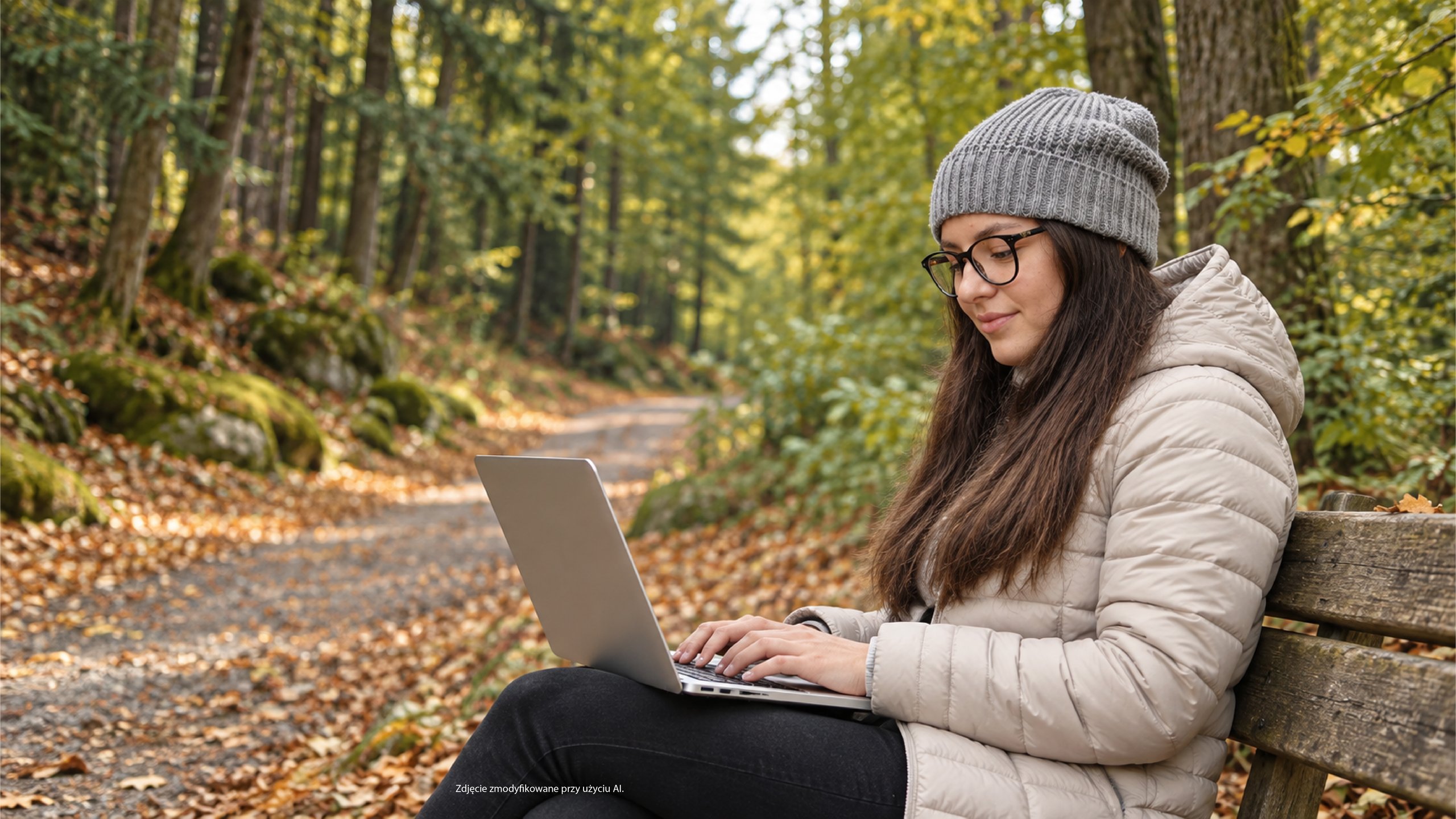 Glitch-collaged woman using a laptop outdoors, with Polish text stating the image was assembled using AI.