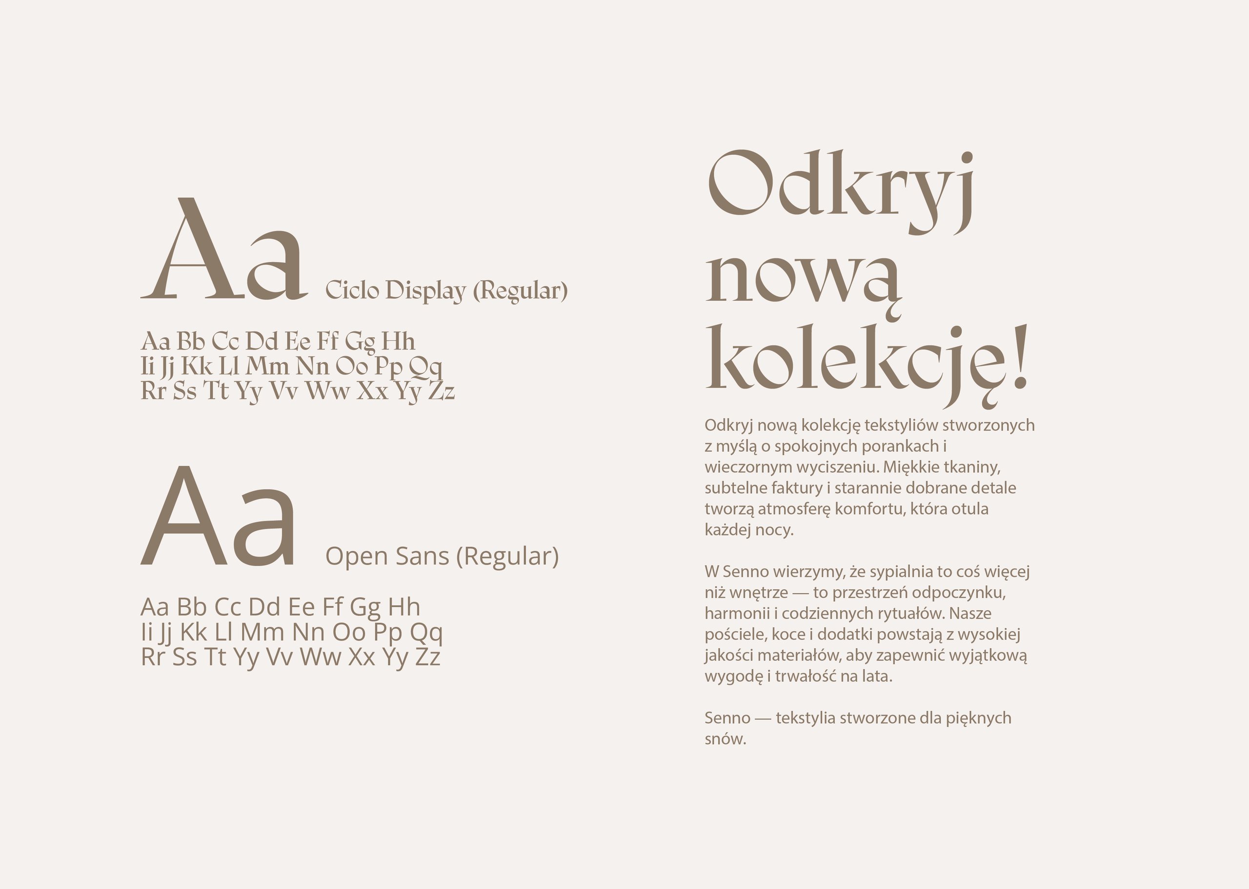 Typography specimen with serif and sans-serif alphabets beside Polish bedroom-textile copy.