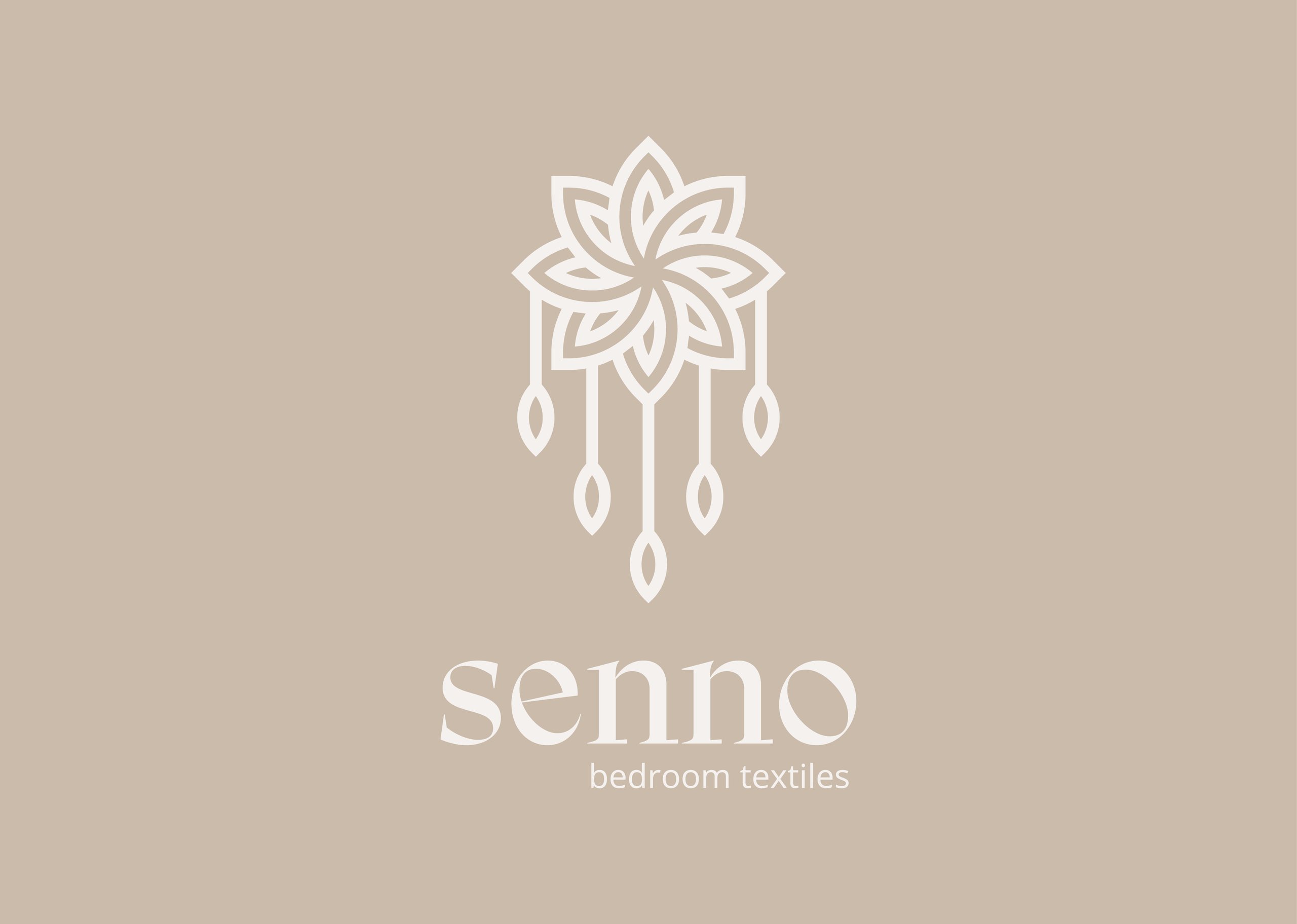 Beige branding graphic with a white floral emblem above the text “sereno bedroom textiles.”