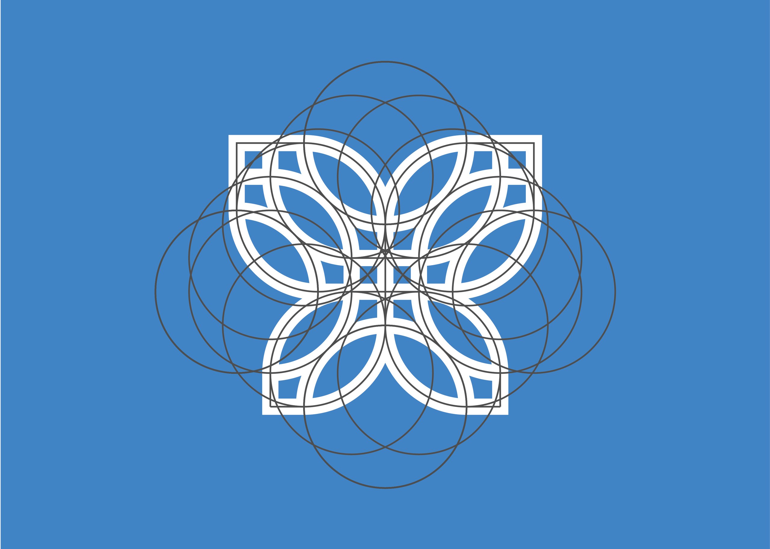 Abstract blue geometric artwork with white interlocking bands and overlapping dark circular outlines.