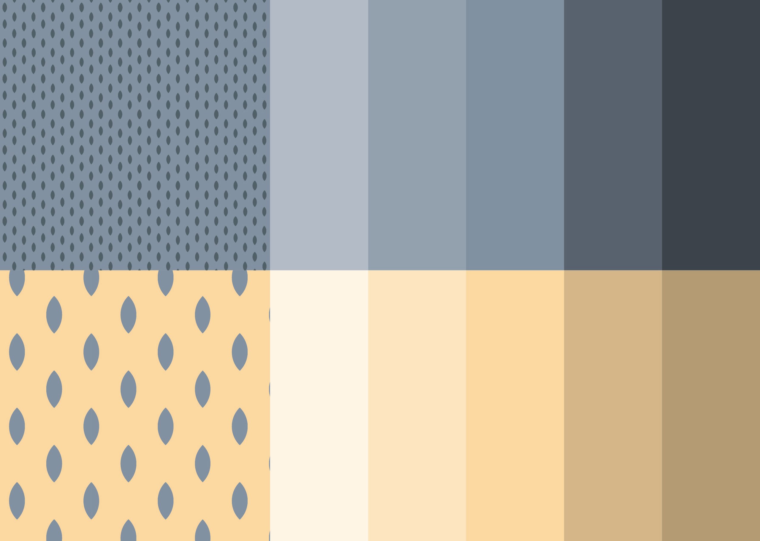 Abstract blue and yellow geometric pattern beside vertical color bands, divided by a thin horizontal line.