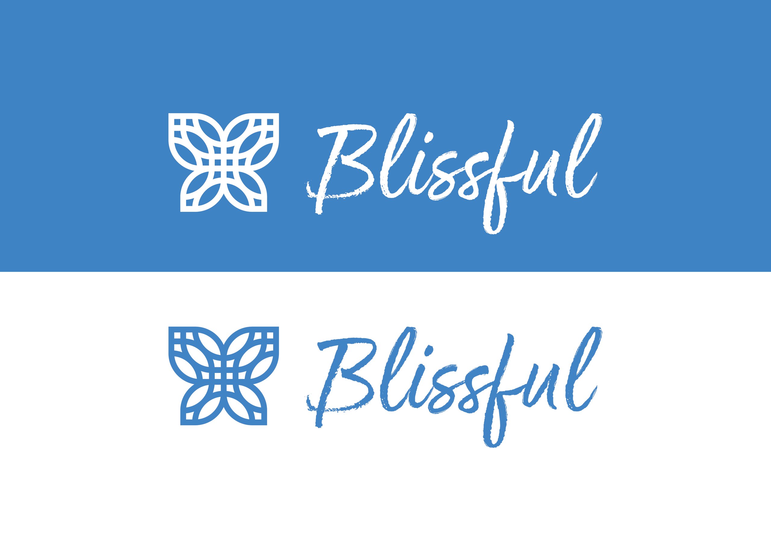 Two stacked “Blissful” logos, with white artwork on blue above and blue artwork on white below.