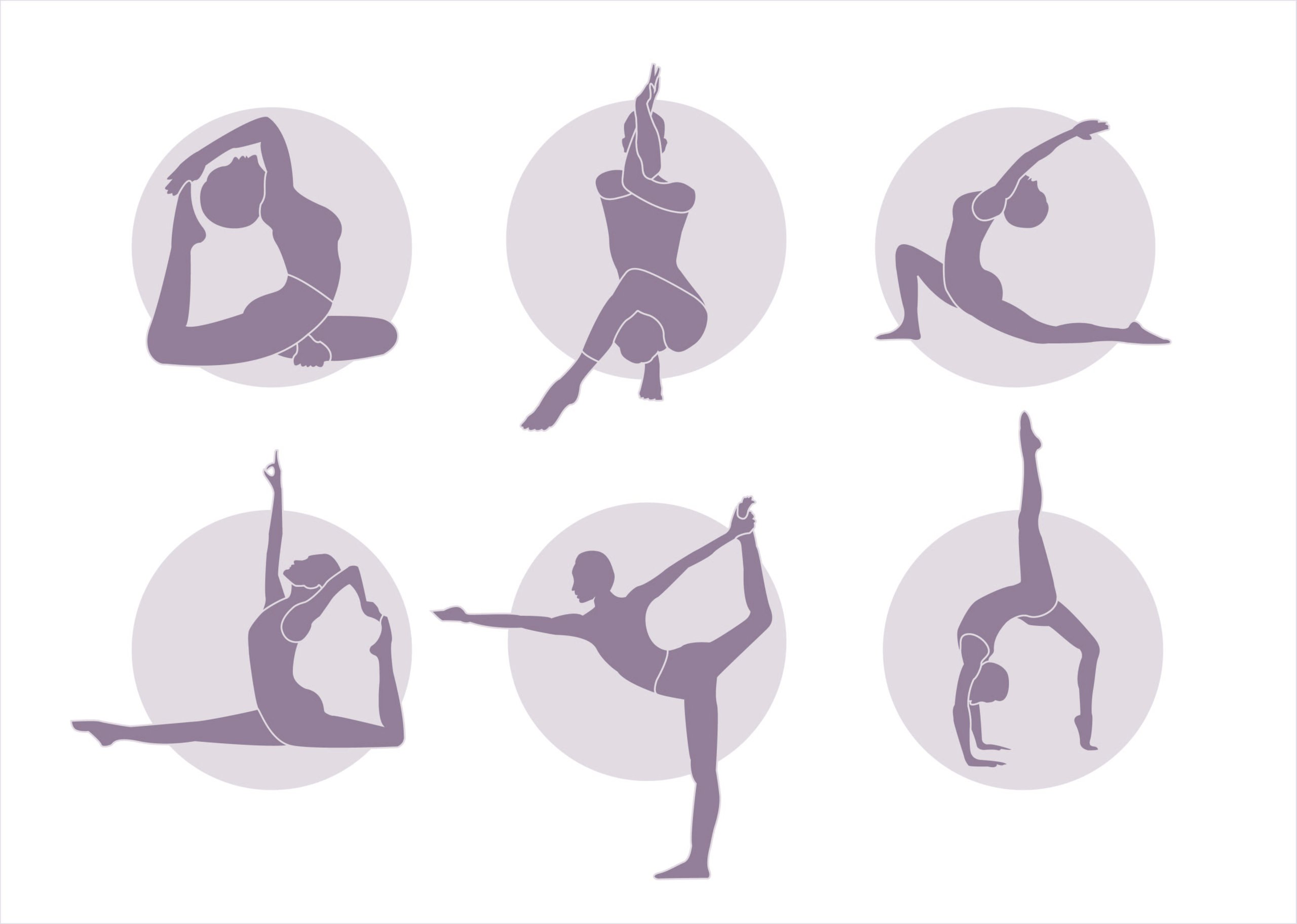 Six purple yoga silhouettes arranged in two rows of three over pale lavender circles.