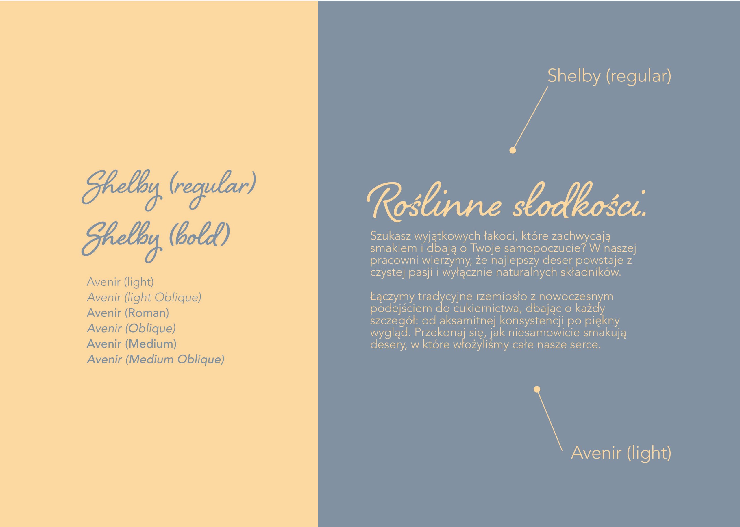 Split typography board showing font samples on peach and Polish confectionery text on blue.