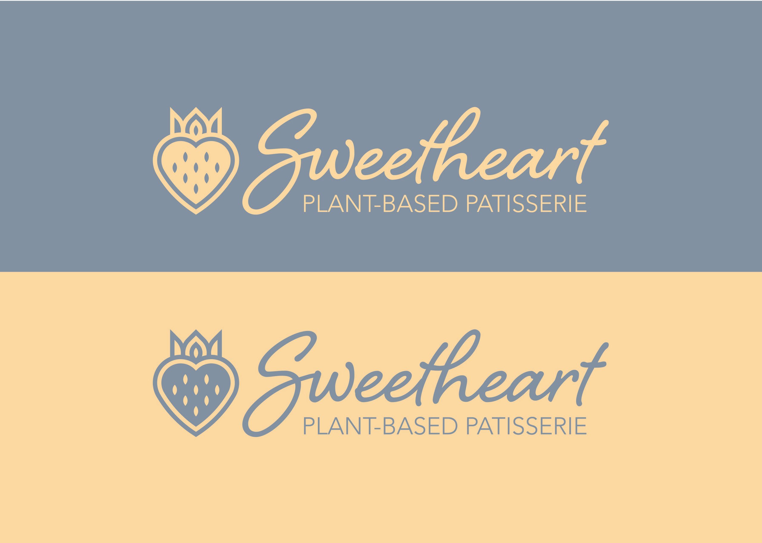 Two-color Sweetheart plant-based patisserie logo shown in reversed teal-and-peach panels.