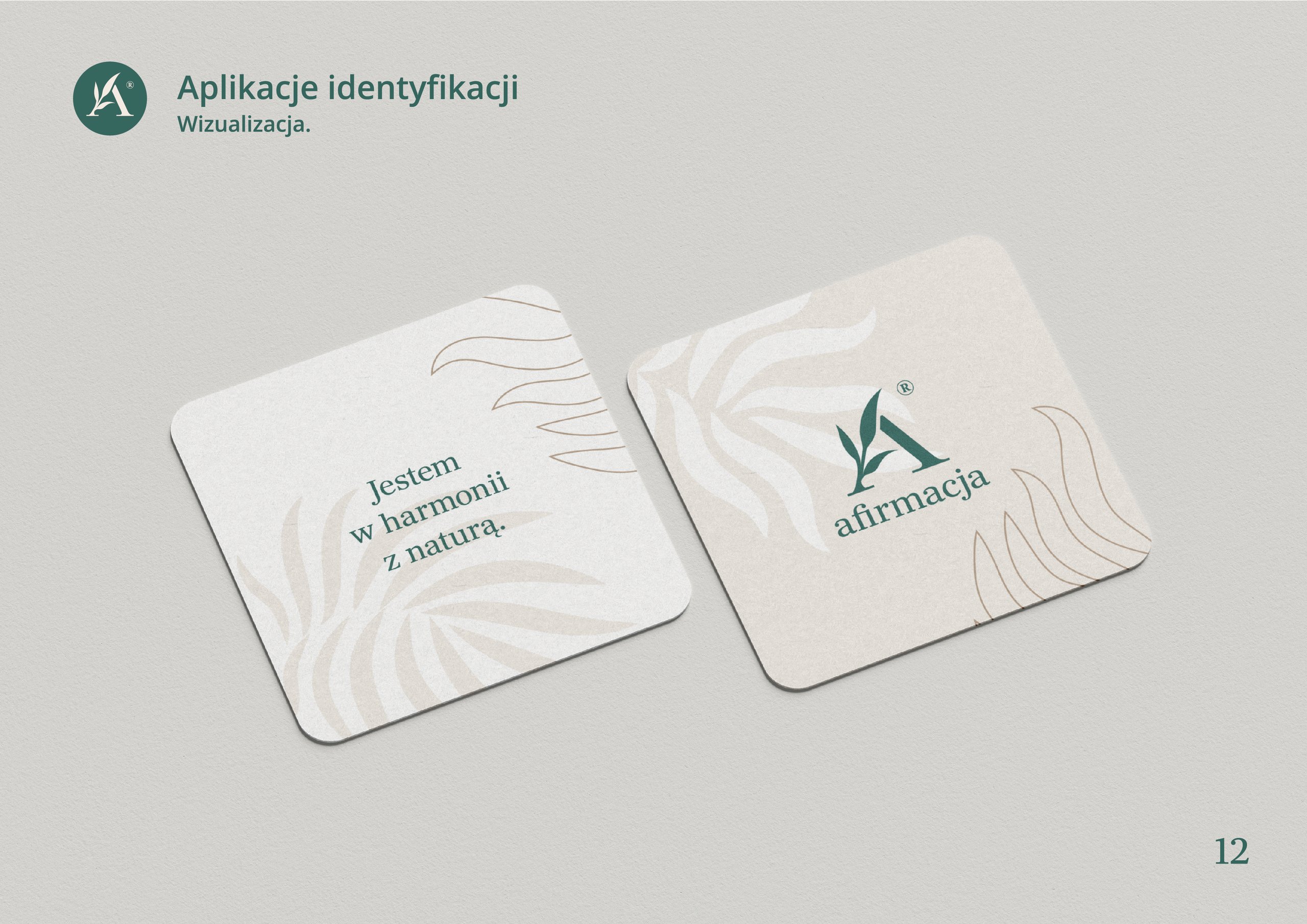 Presentation slide with green branding, two botanical affirmation cards, and page number 12.