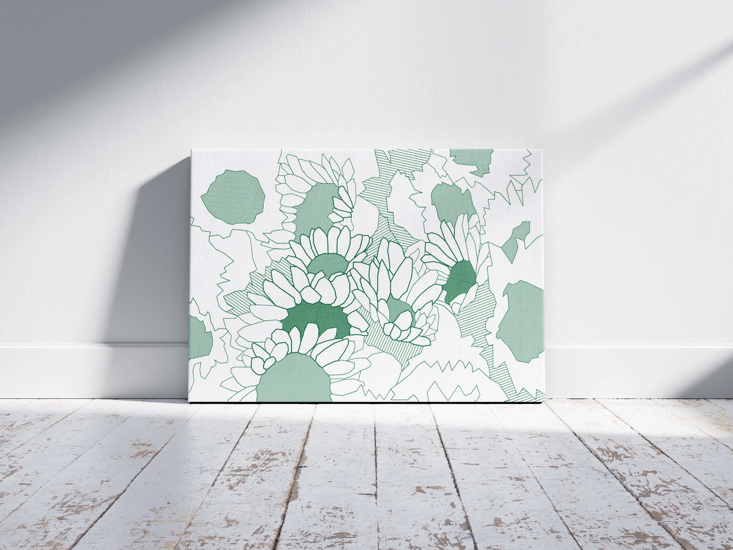 Green line-art flowers and leaves cover a white canvas leaning against a pale wall on a worn wooden floor.