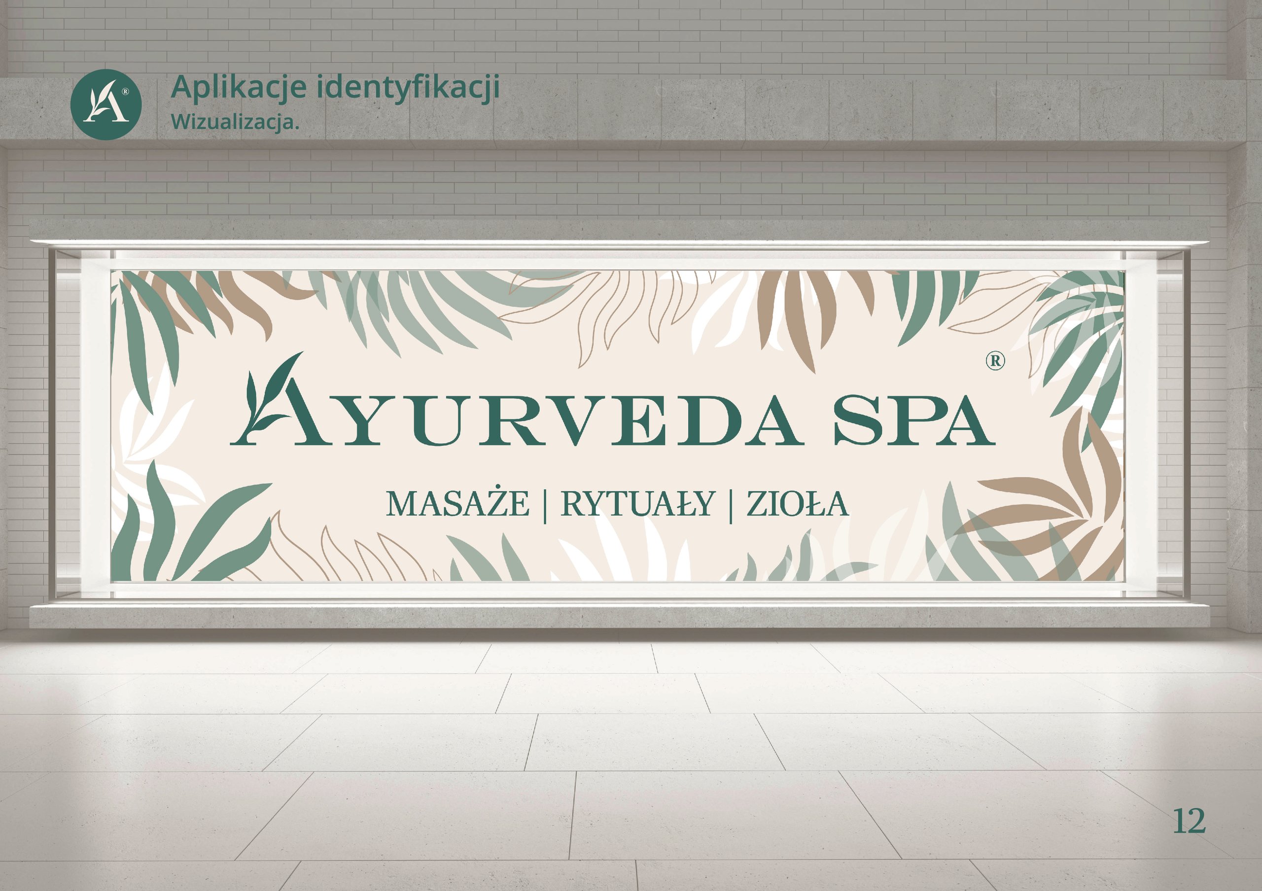 Storefront visualization for Ayurveda Spa with botanical signage and Polish descriptive text.