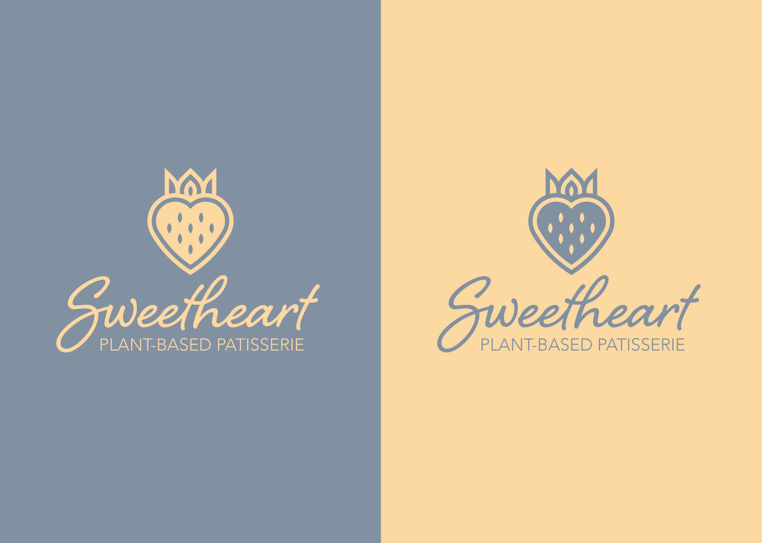 Split blue and peach branding graphic featuring a crowned heart logo and “Sweetheart Plant-Based Patisserie” text.