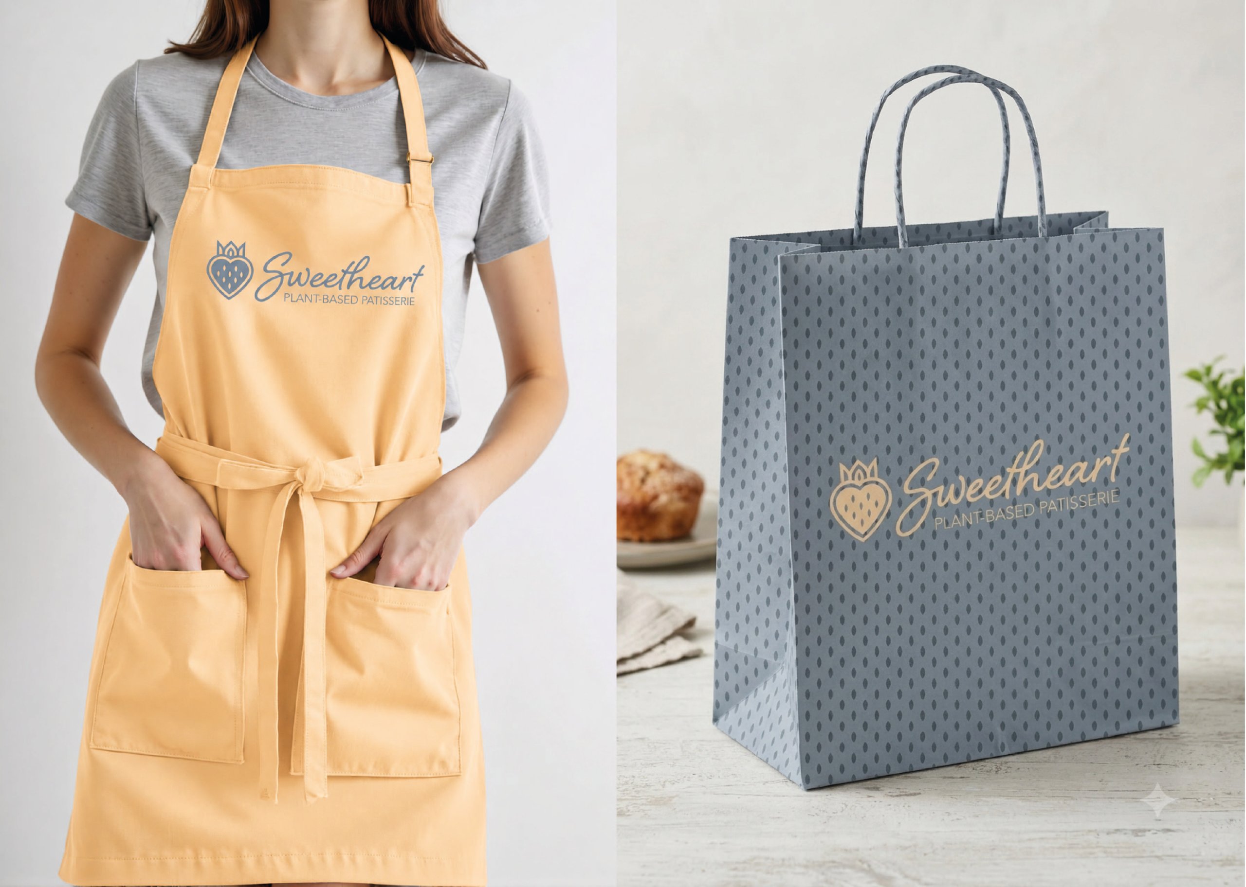 Person in a peach Sweetheart apron beside matching blue-gray branded shopping bags.