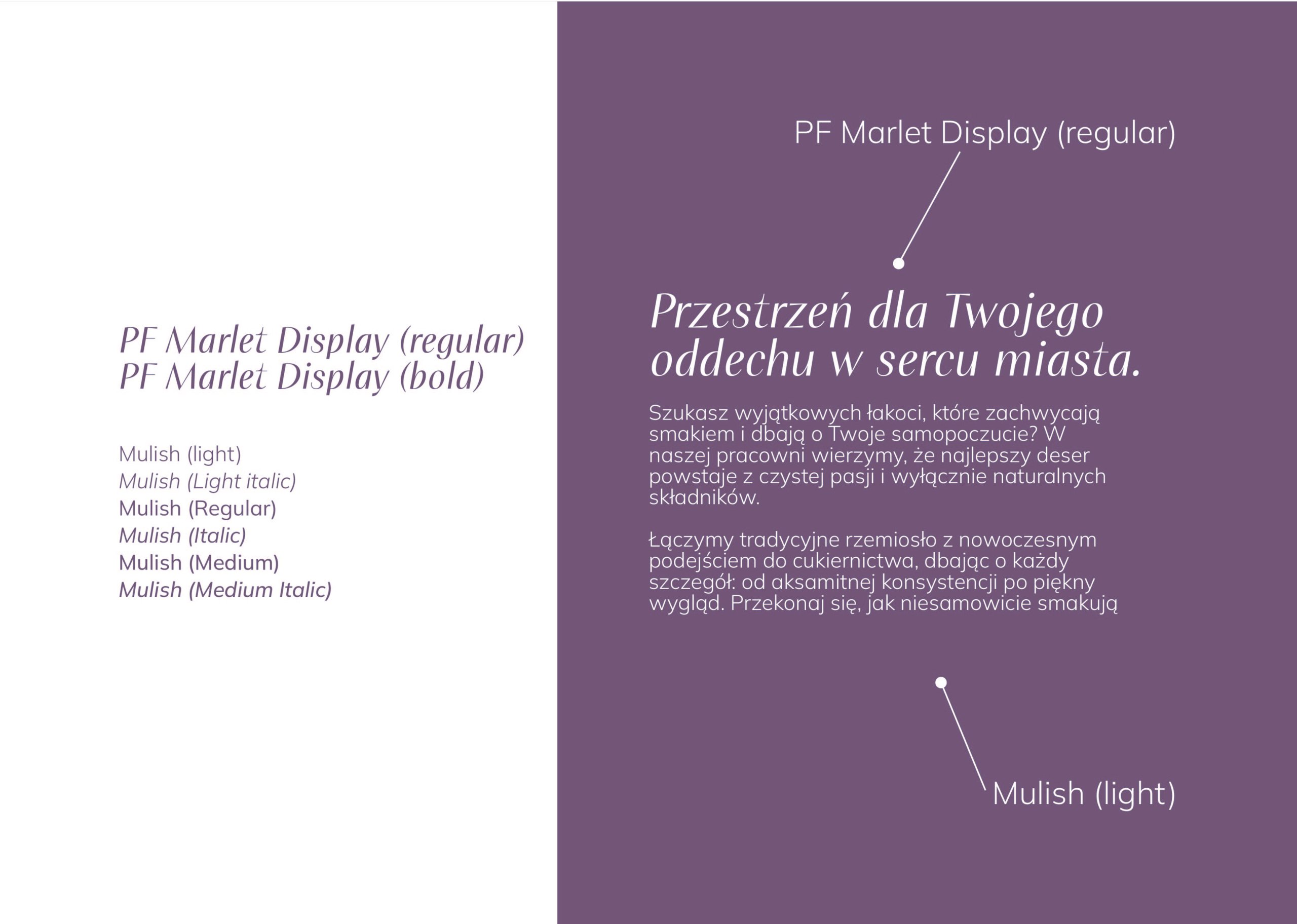 Typography specimen with font labels on white and a Polish bakery text layout on purple.