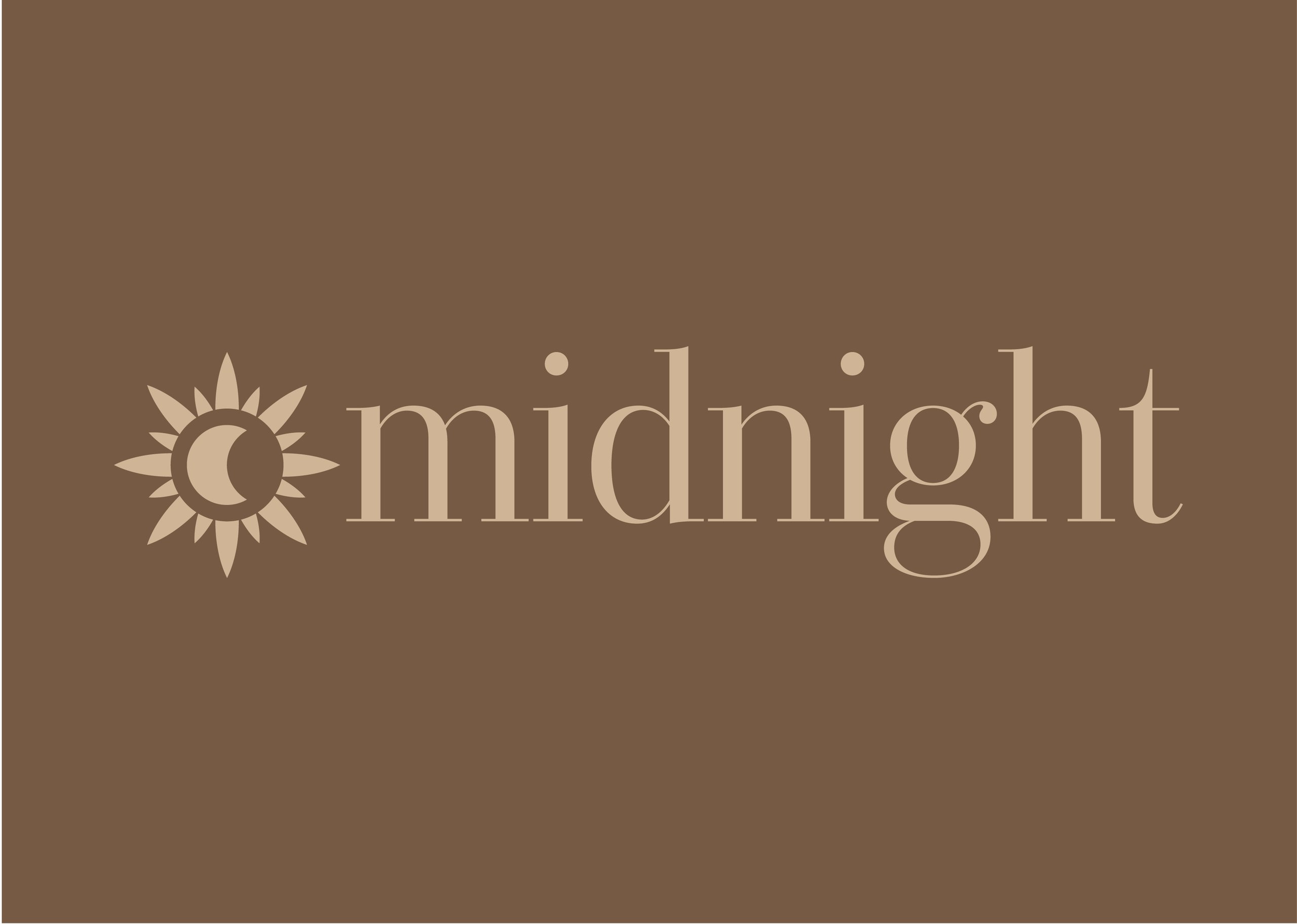 Beige sun-and-crescent emblem beside the lowercase word “midnight” on a dark brown background.