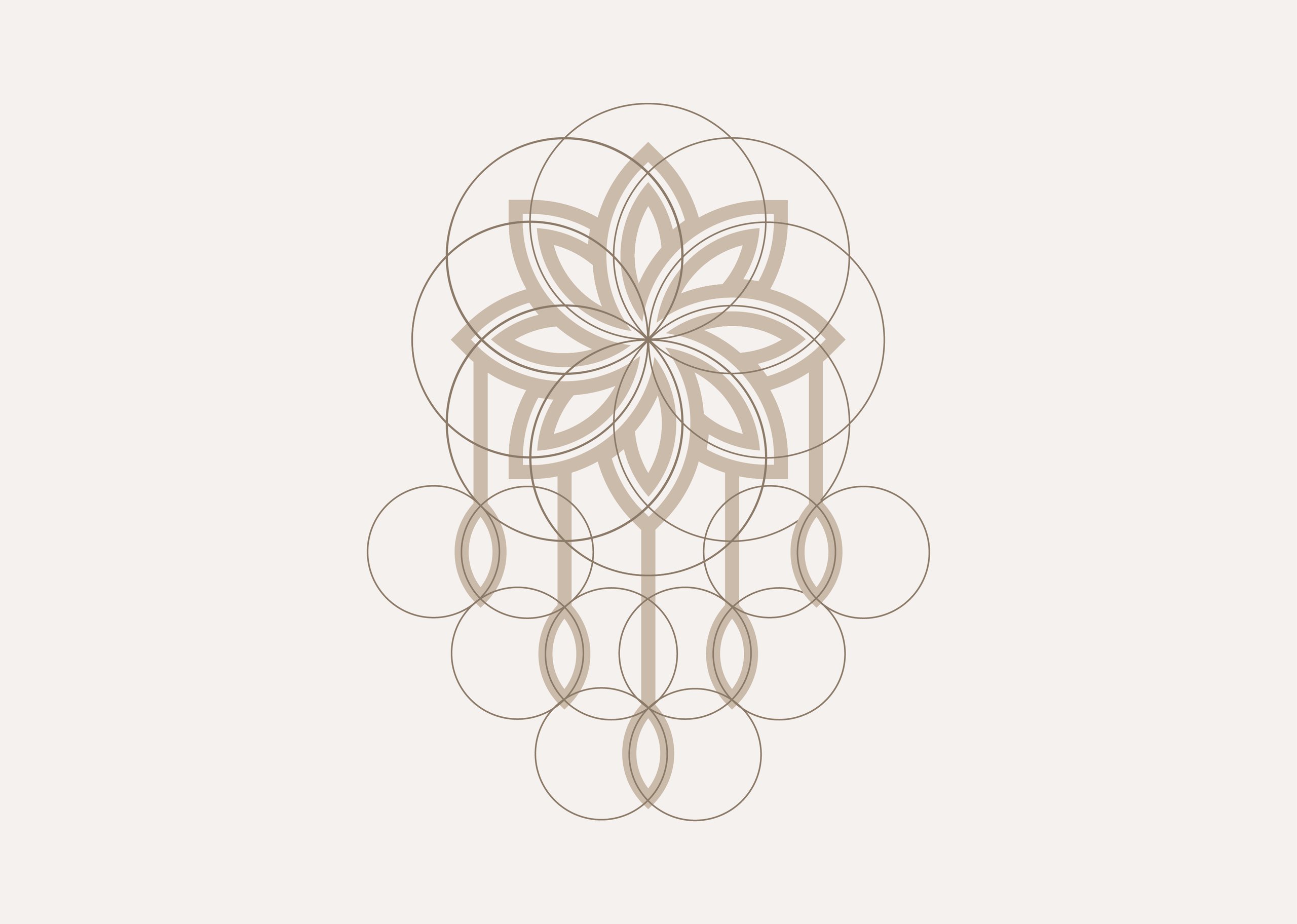Abstract beige floral mandala with overlapping olive-gray circles on an off-white background.