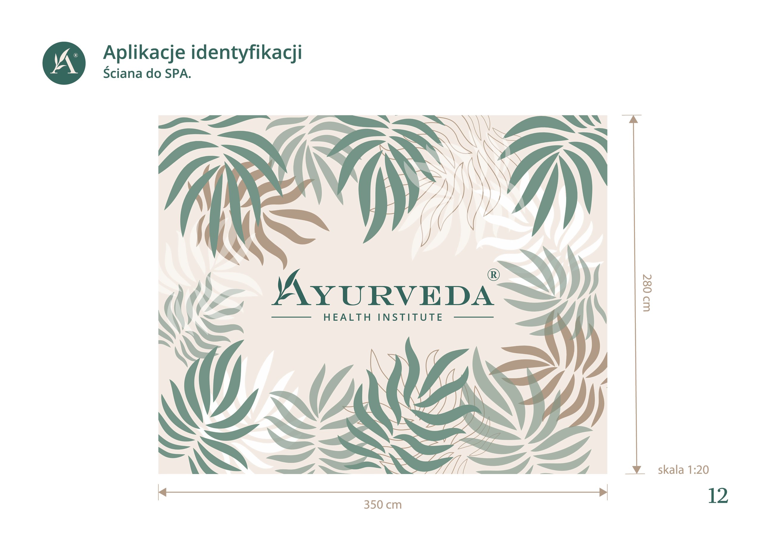 Spa wall graphic with tropical leaves, Ayurveda Health Institute branding, and 350 cm by 280 cm dimensions.