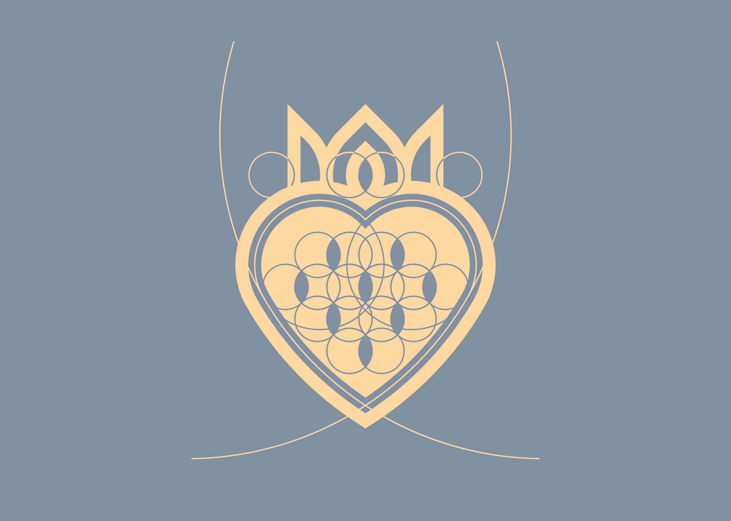 Symmetrical golden crown and flower-like geometric pattern on a muted blue background.