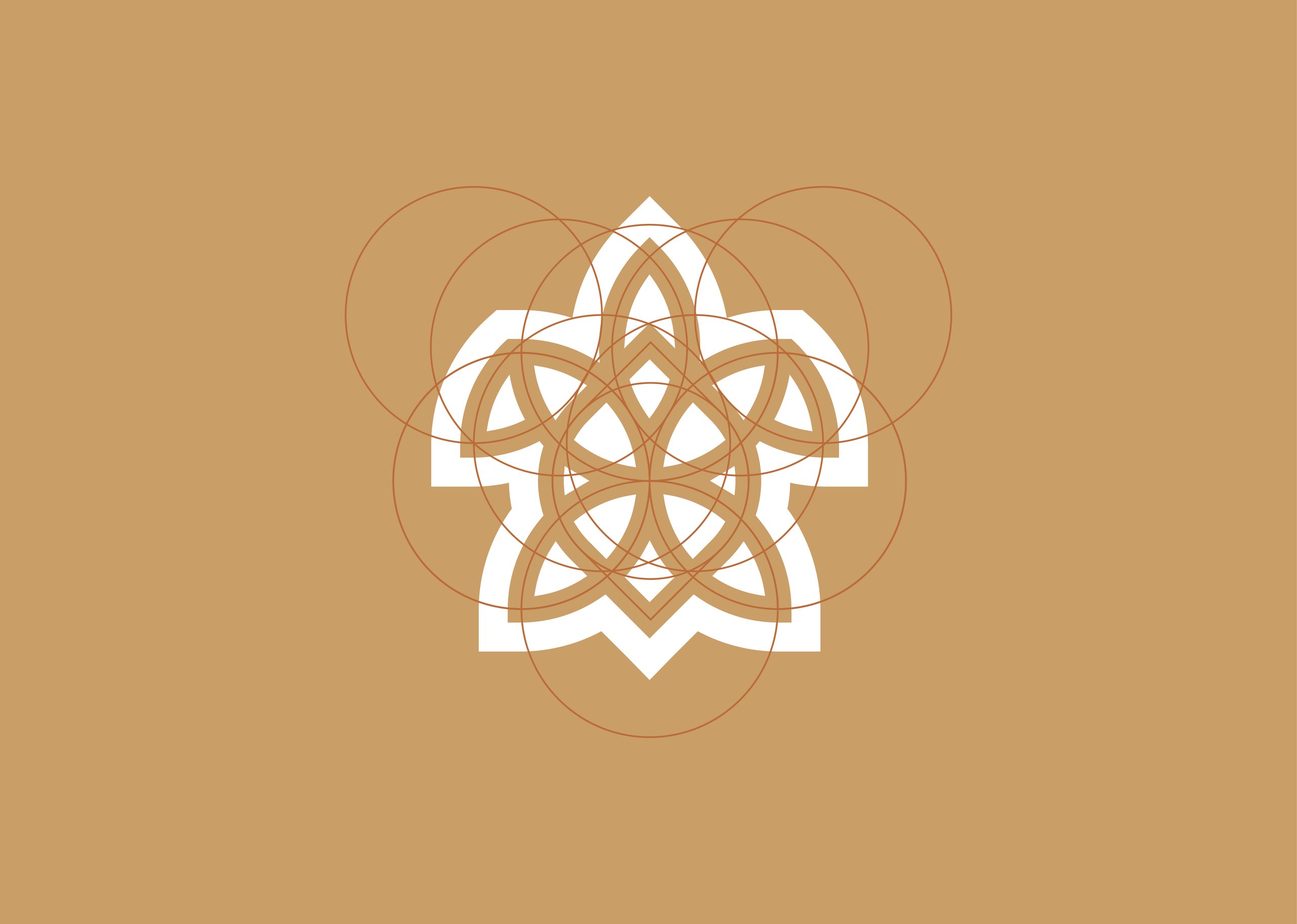Abstract white geometric floral motif with overlapping reddish-brown circles on a tan background.