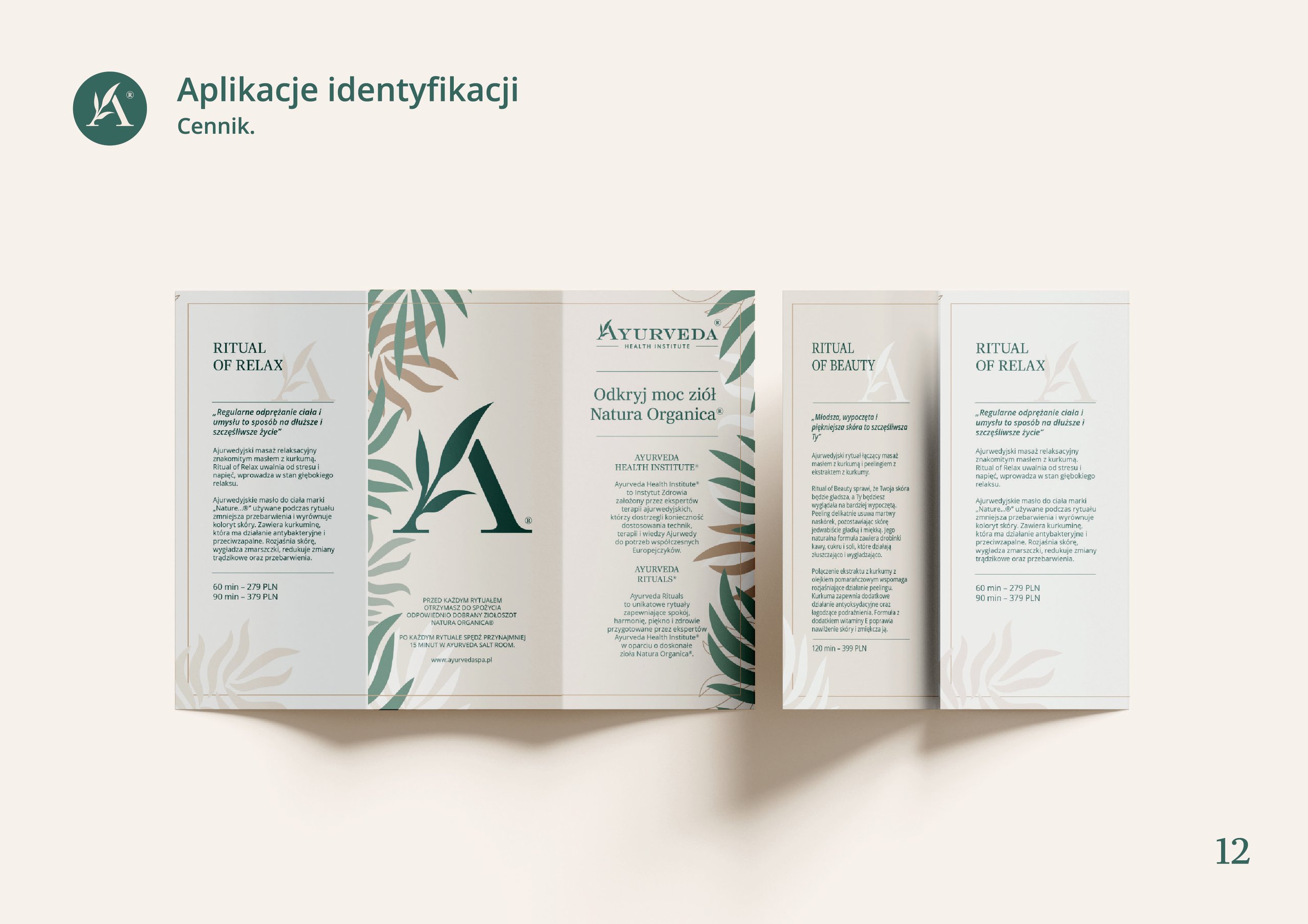Presentation slide showing Ayurveda spa branding and two botanical price-list brochure spreads.