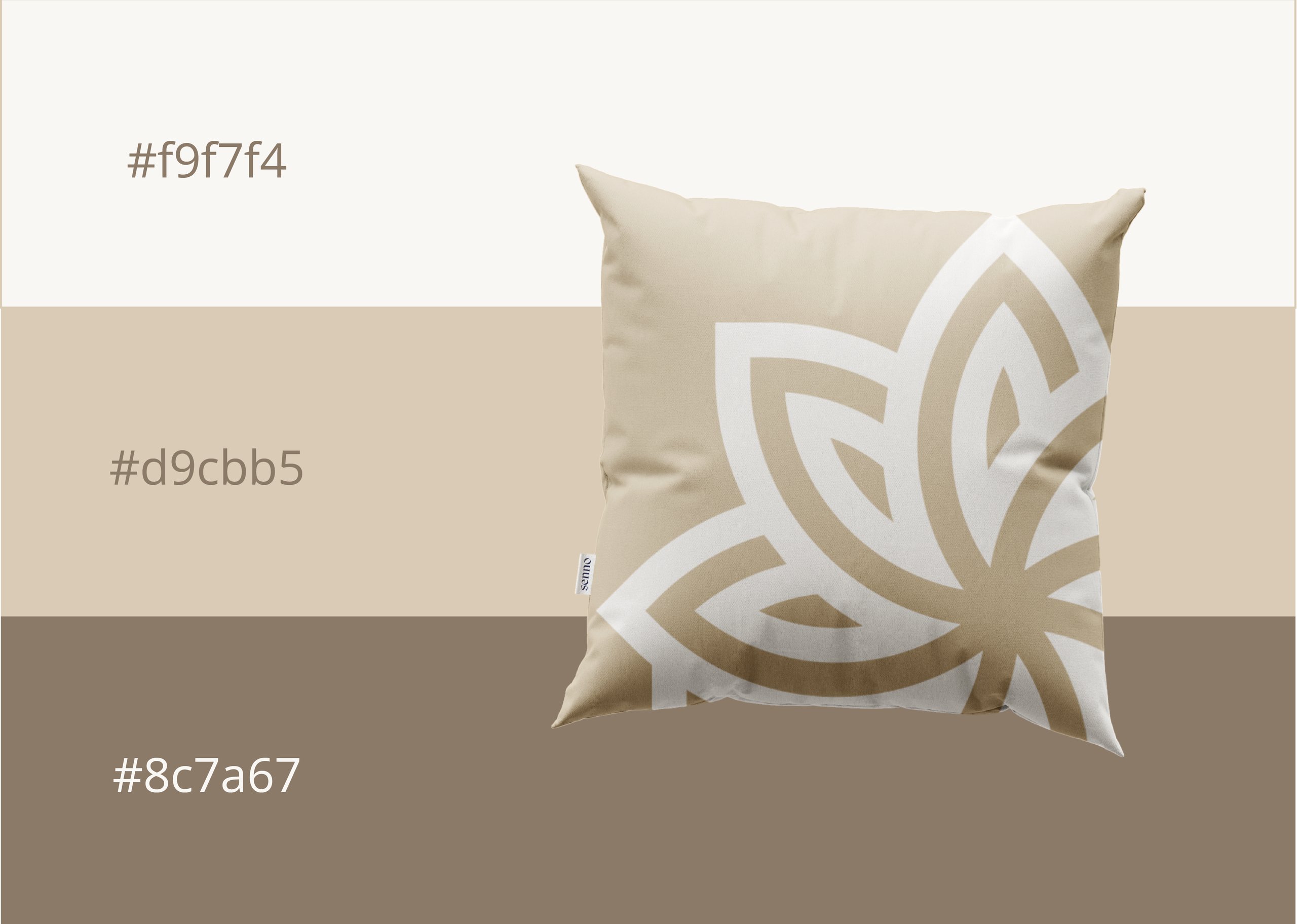 Beige patterned throw pillow overlapping three horizontal color swatches labeled with hexadecimal color codes.