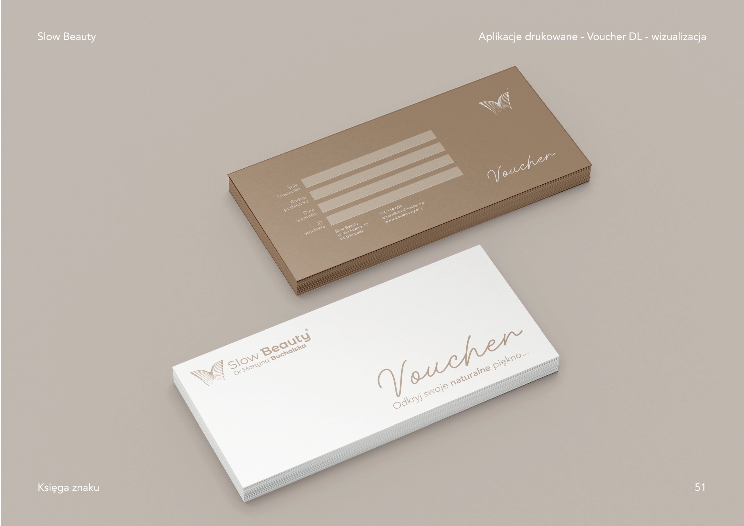 Two angled stacks of Slow Beauty vouchers, one brown and one white, shown on a pale gray-green presentation slide.