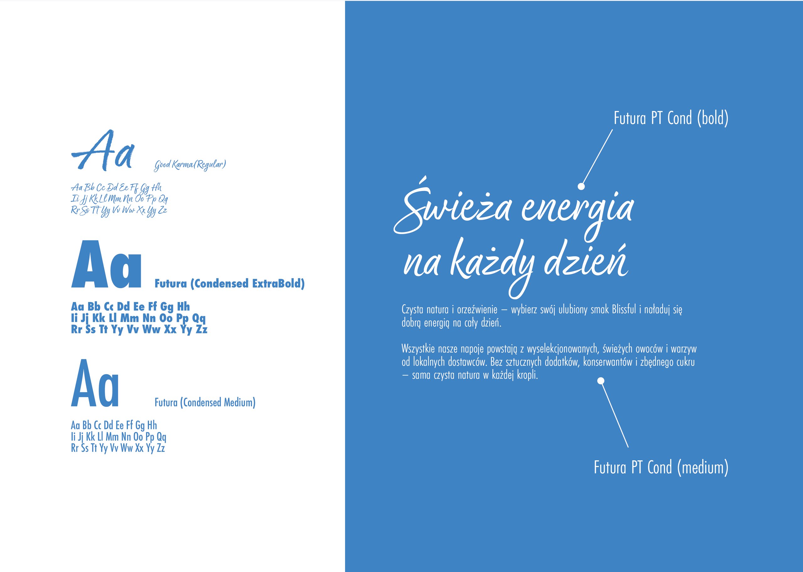 Split typography specimen and blue Polish beverage advertisement with script headline and font callouts.