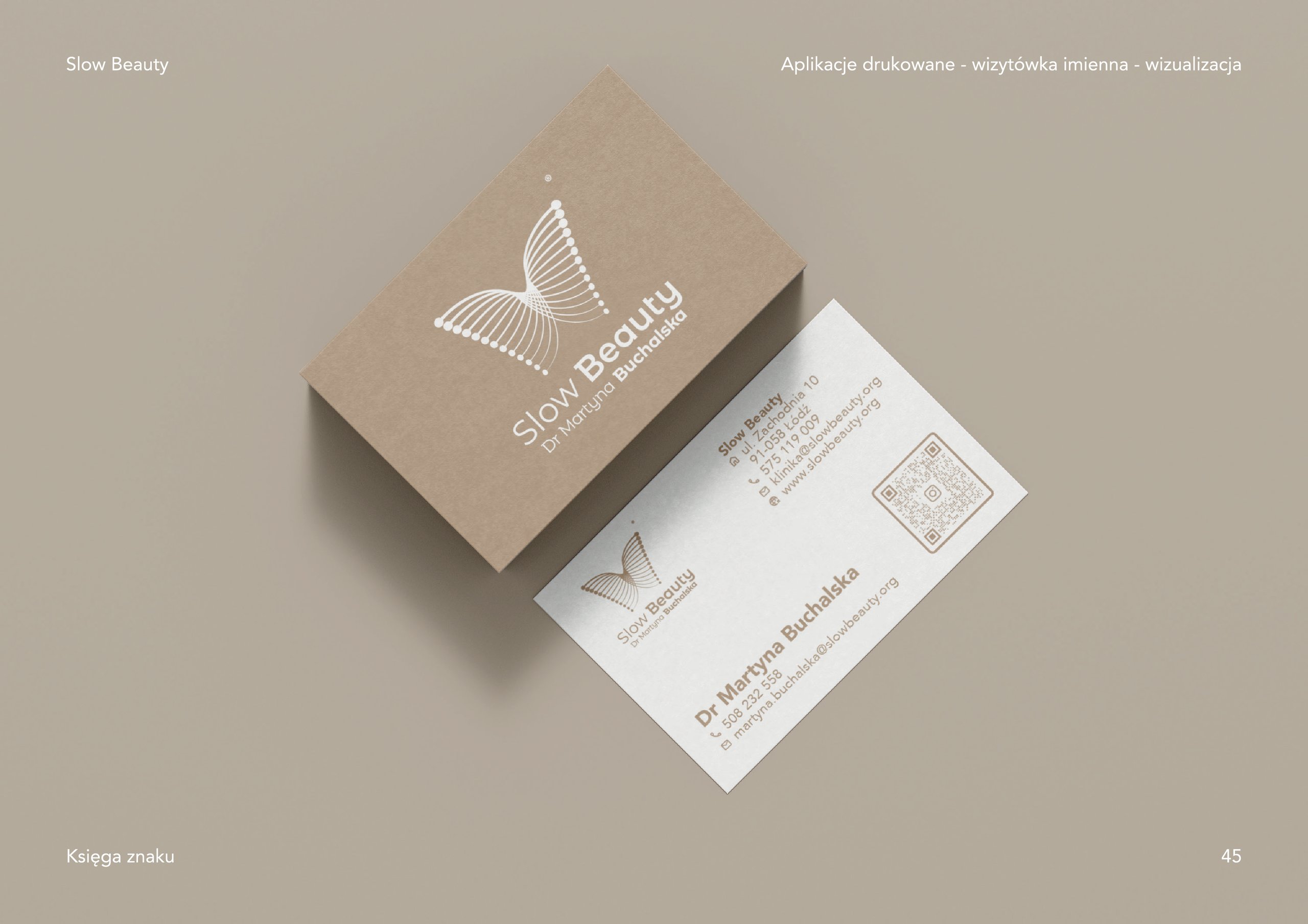 Angled Slow Beauty kraft package and white business card with butterfly logo, contact details, and QR code.