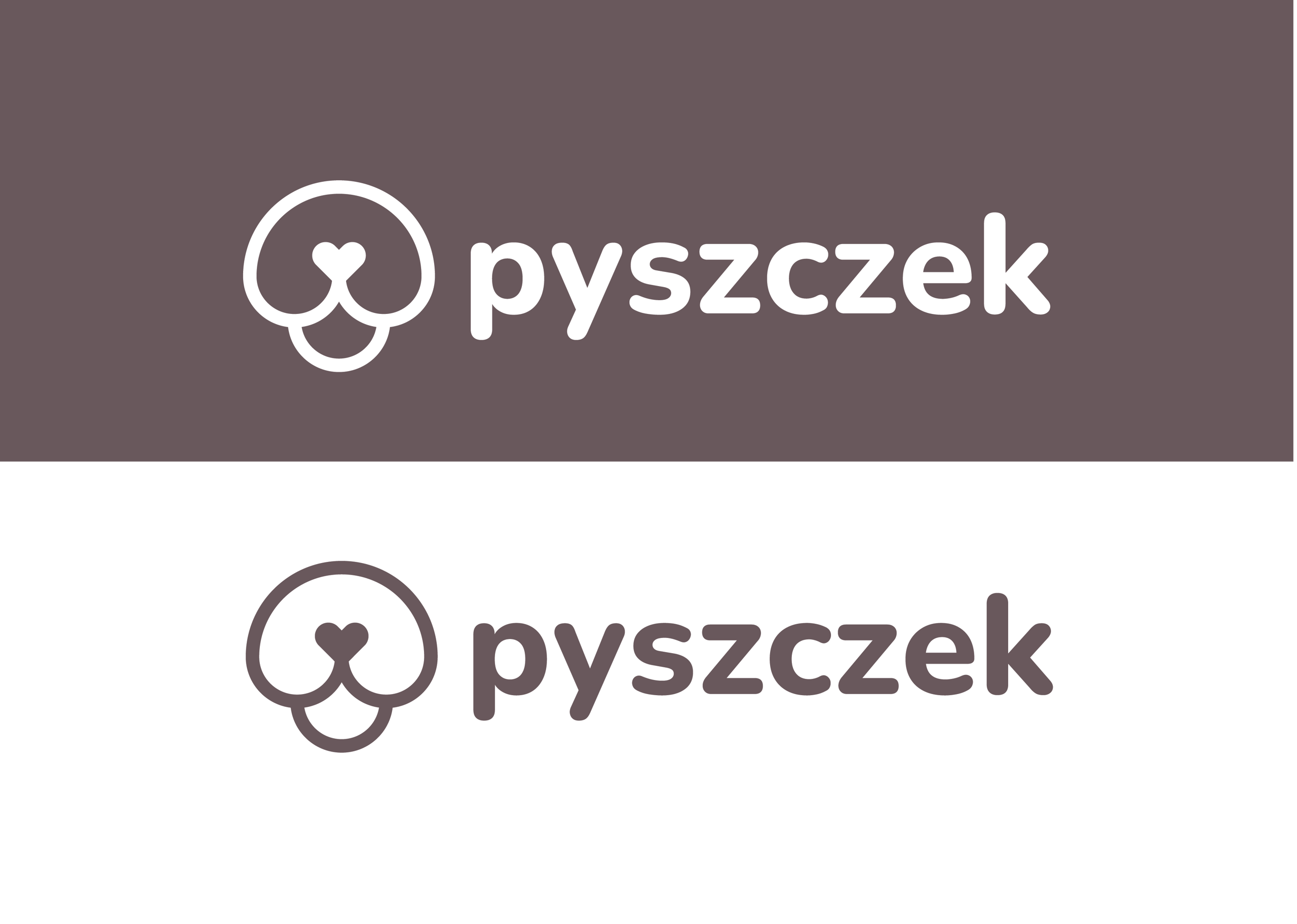 Two stacked versions of the “pyszczek” logo, white on mauve above and mauve on white below.