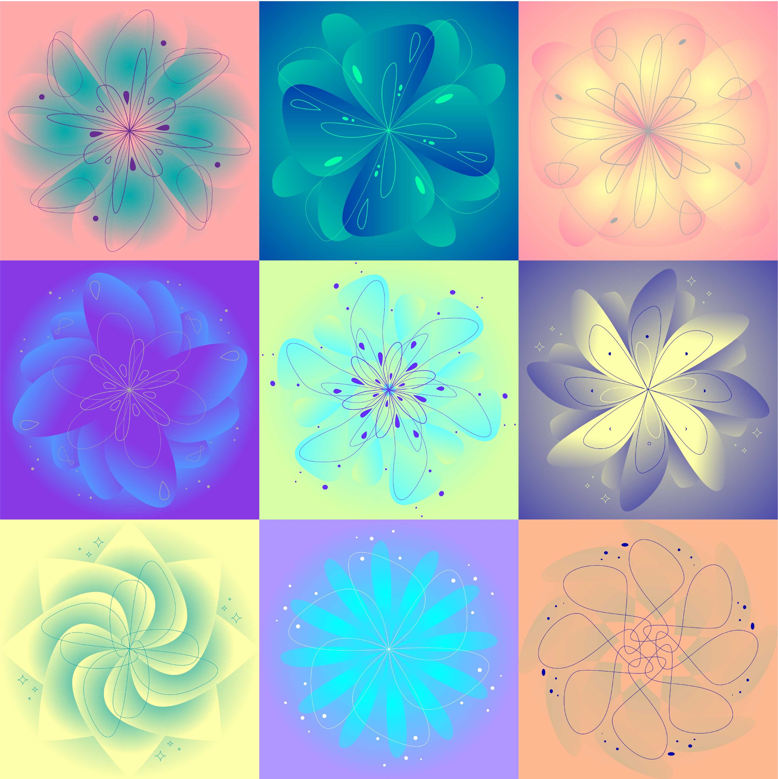 Nine-panel abstract floral grid in pastel, neon, and dark blue colors.