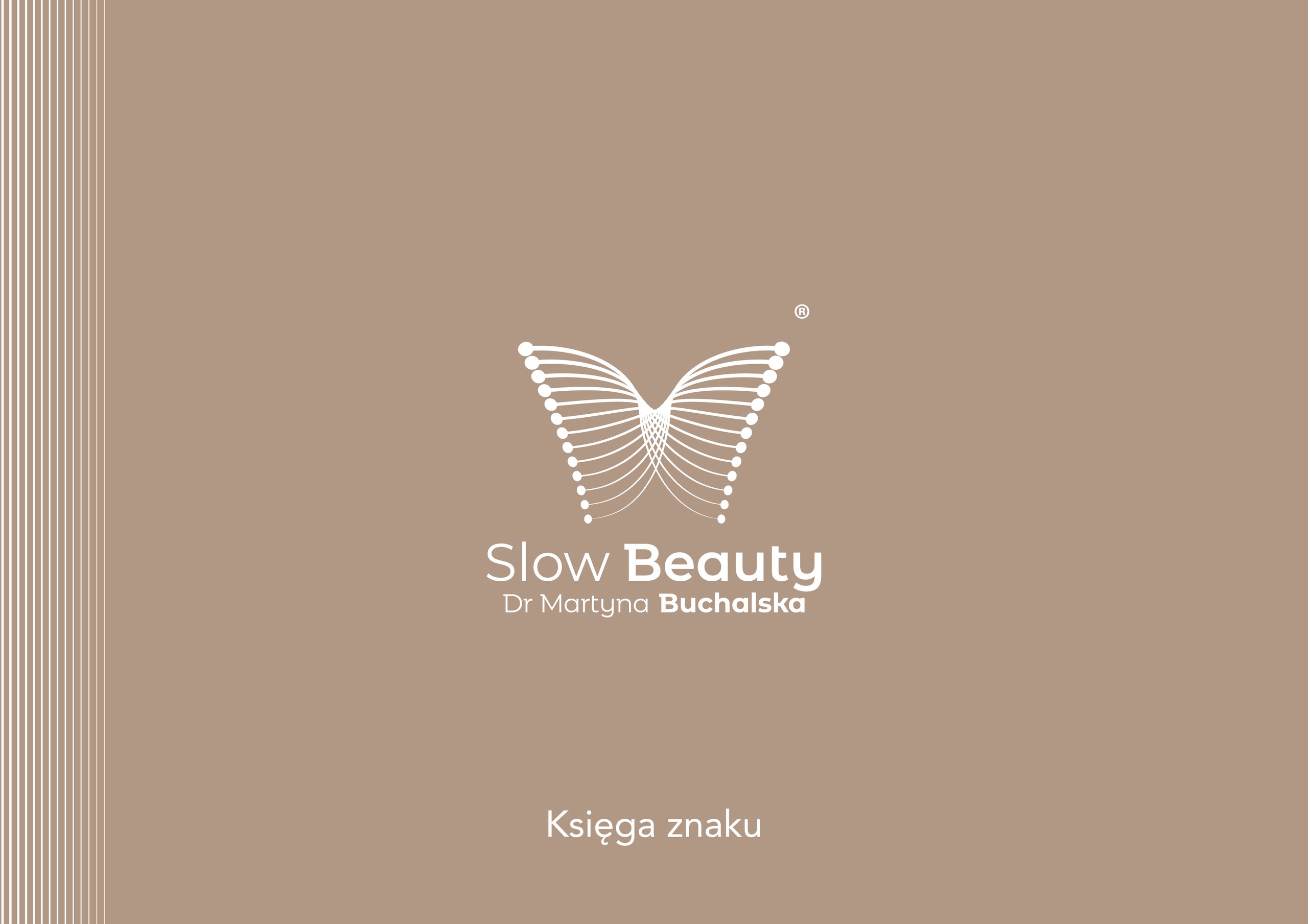 Taupe title page with a white abstract butterfly emblem, “Slow Beauty,” author name, and “Księga znaku.”