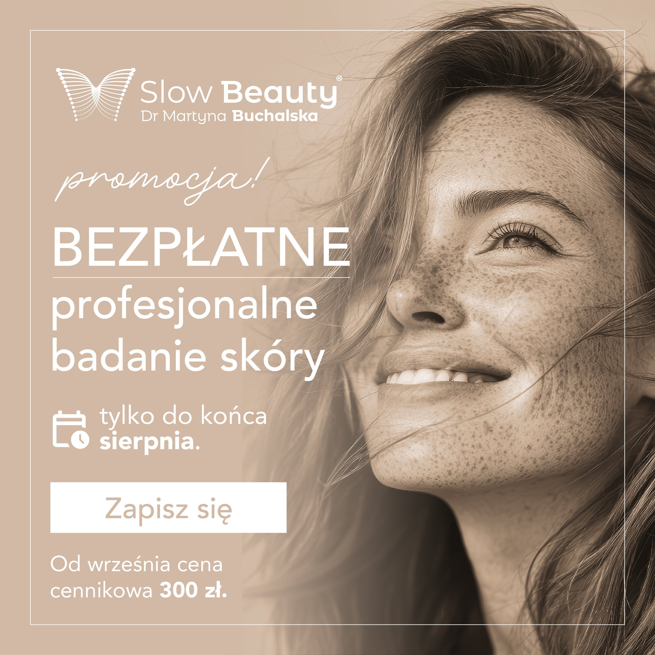 Sepia skincare promotion with Polish text, a butterfly logo, and a smiling freckled woman’s close-up.