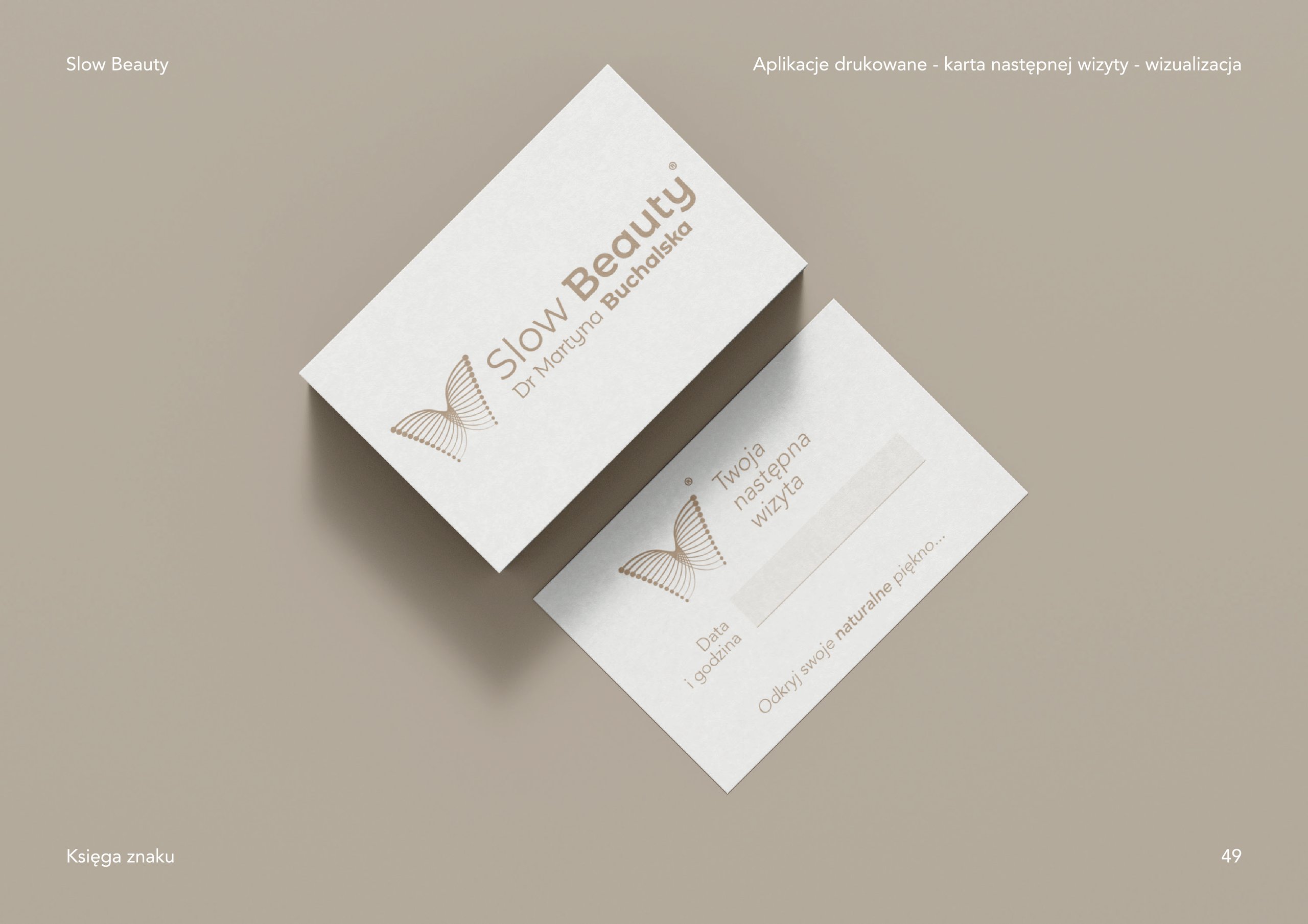 Sage-green branding slide showing two angled Slow Beauty printed cards with butterfly logos and Polish text.